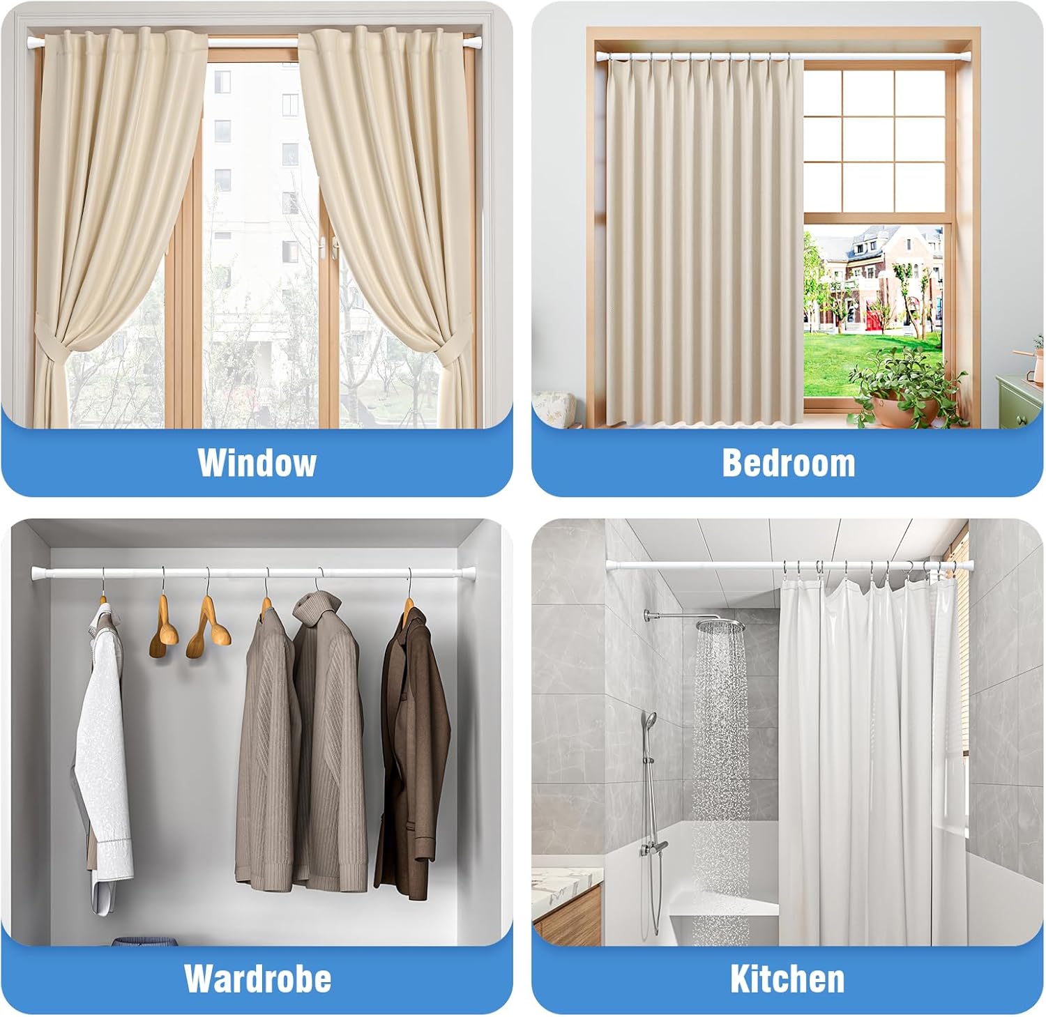 AIZESI 2 Pack Tension Curtain Rod for Windows 45 to 77 Inch, Adjustable Expandable Spring Curtain Rods No Drilling, Non Slip Curtain Rod for Bedroom Doorway Closet, White