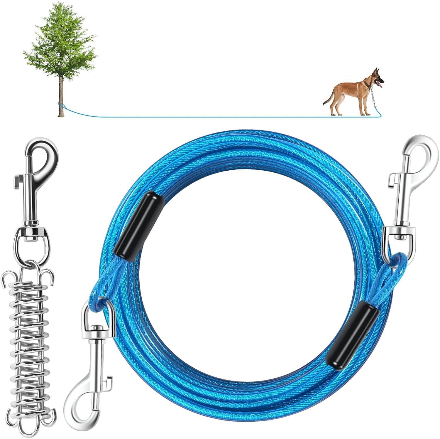 Dog Tie Out Cable, 50 FT Heavy Duty Dogs Lead Cable with Detachable Shock Spring, Dog Runner Chains for Outside Yard Camping Hold Small or Medium Dogs (50feet, up to 200lbs)