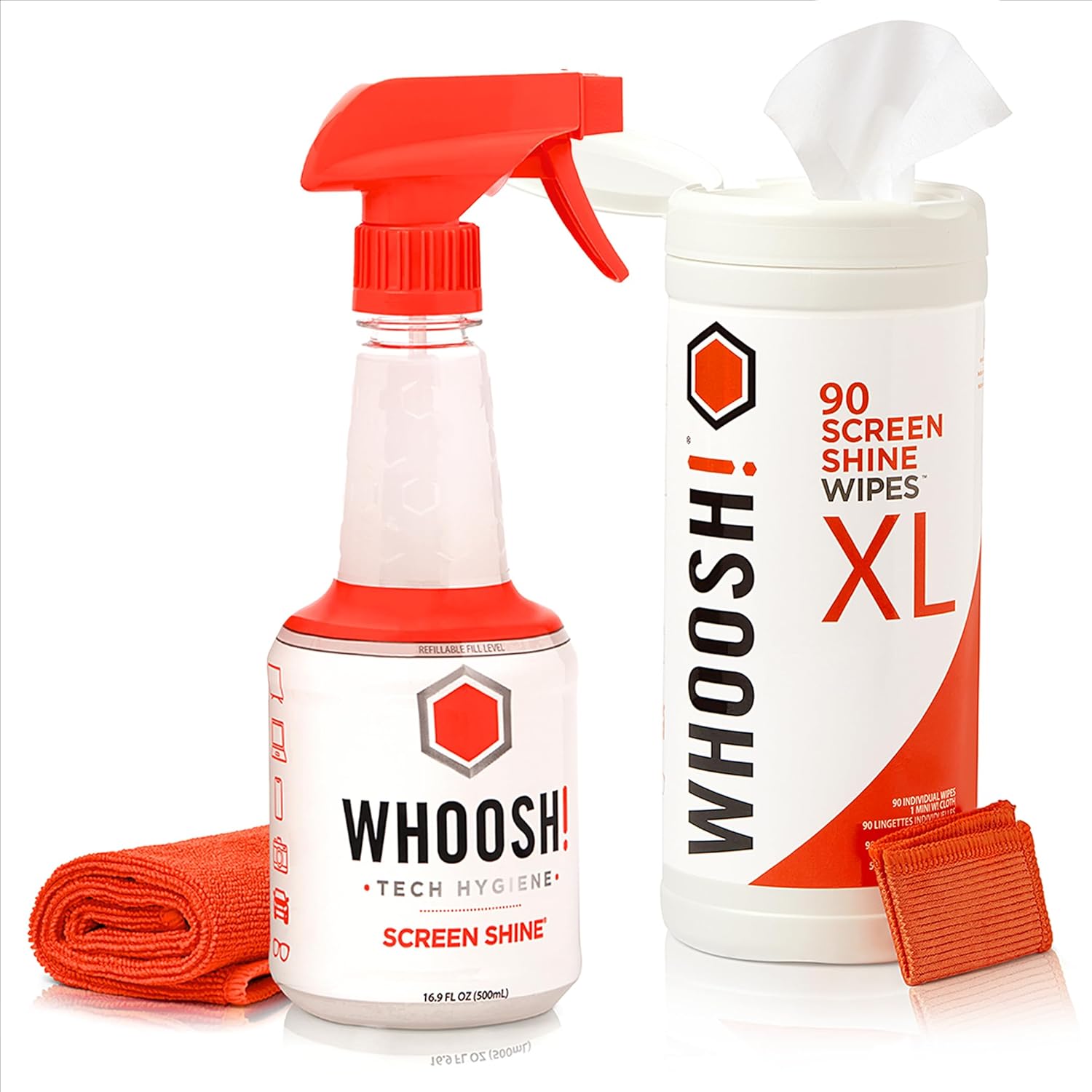 WHOOSH! Screen Cleaner Spray & Wipes Bundle | 16.9 fl oz + 1 Microfiber Cloths (14x14) + 90 Count Electronics Wipes + 1 Microsuede Cloth (6x6)