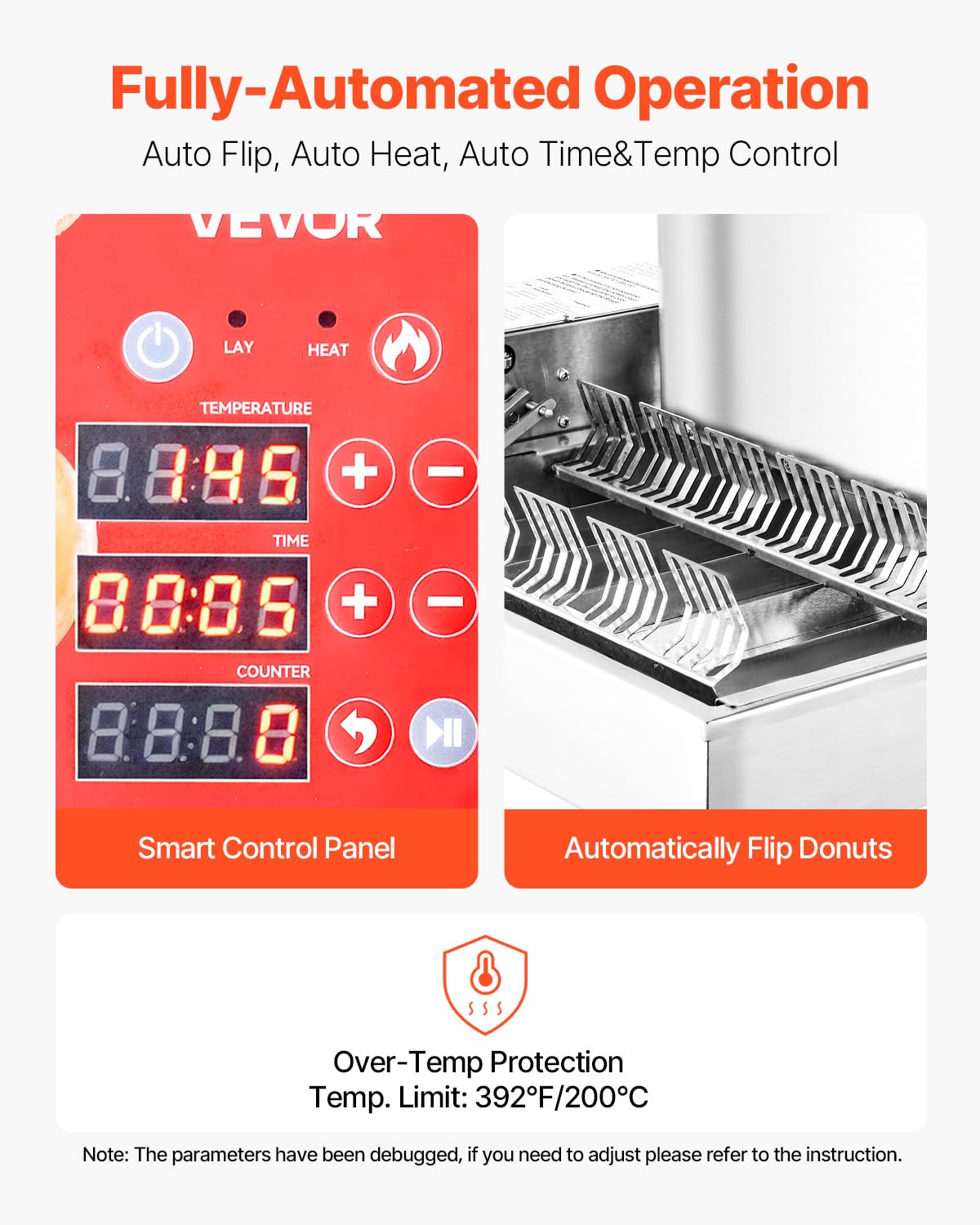 VEVOR Machine à beignets automatique commerciale, appareil à donuts électrique à 6 rangées, haute puissance, 360 pièces/heure, trémie de 4,5 L, friteuse en acier inoxydable, avec contrôle intelligent