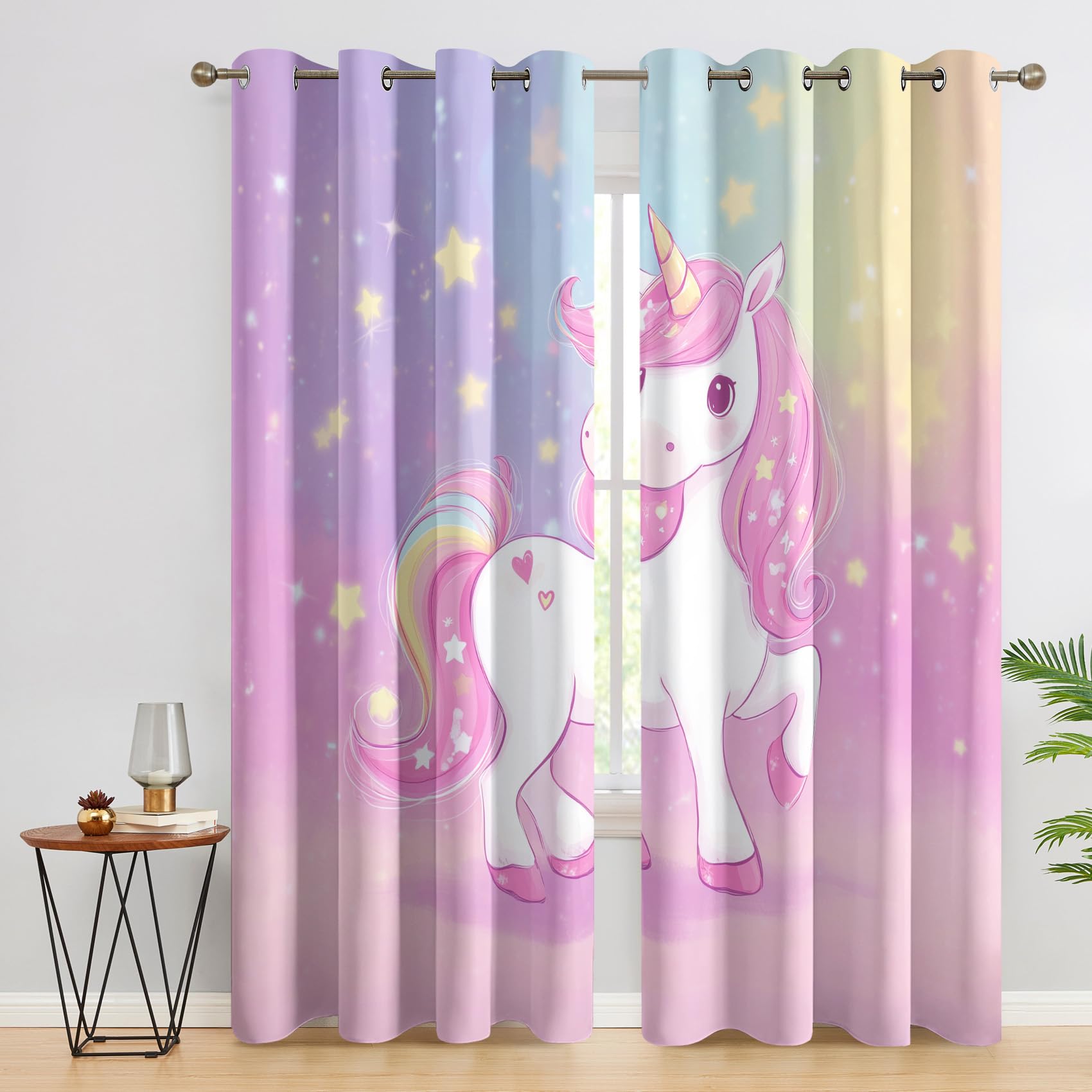 Unicorns Curtains Blackout for Home Decor, Thermal Curtains Kids Girls Princess Pattern, Living Room & Bedroom Eyelet Drapes 90 Inch Drop, 46x90, 2 Panels E&109