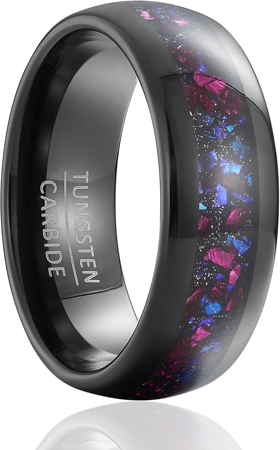 Women's 8mm Wide Black Tungsten Ring with Multicolor Gemstone Inlay - Opal-Effect Band for Wedding or Statement