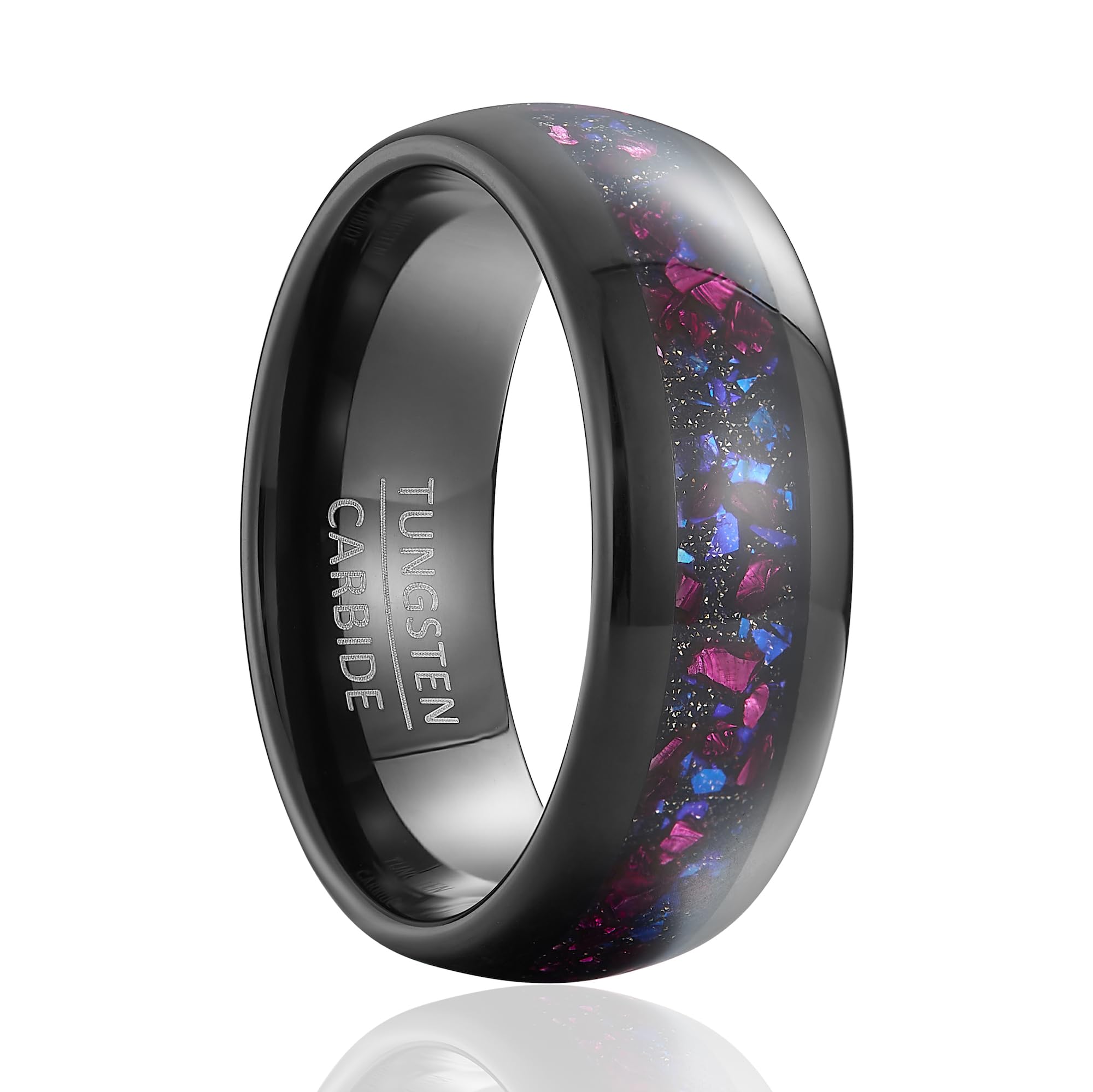 Anello Donna in Tungsteno Nero Larghezza 8mm con Intarsio Multicolore Effetto Opale - Fascia per Matrimonio o Statement (Misura USA)
