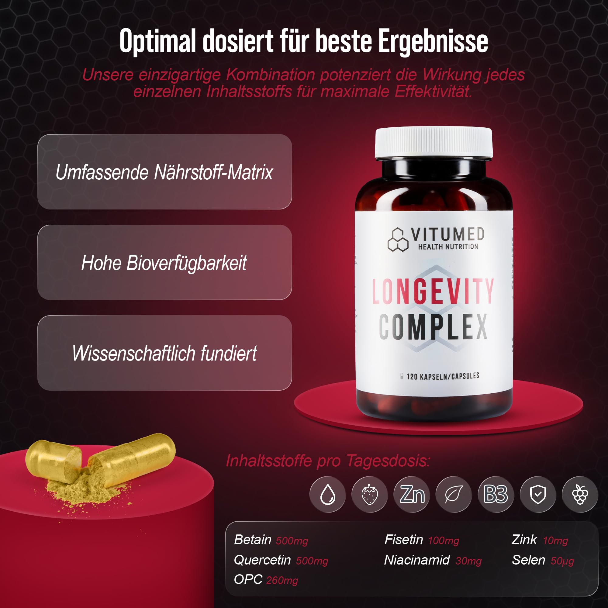 Anti-Aging-Komplex - Zink, Selen und Antioxidantien - Nahrungsergänzung für starke Haut, Vitalität, Zellschutz | Hochdosiert zur Unterstützung des Immunsystems & Kollagenbildung | 120 Kapseln
