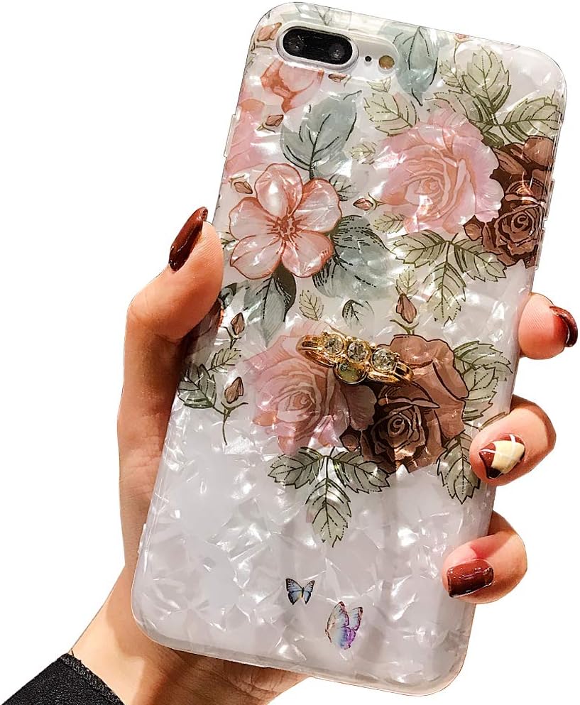 Qokey for iPhone 8 Plus Case,iPhone 7 Plus Case 5.5 inch Flower Pattern Cute Stand Cover for Women Girls 360 Degree Rotating Ring Stand Holder Kickstand Soft TPU Shockproof Brown Flower