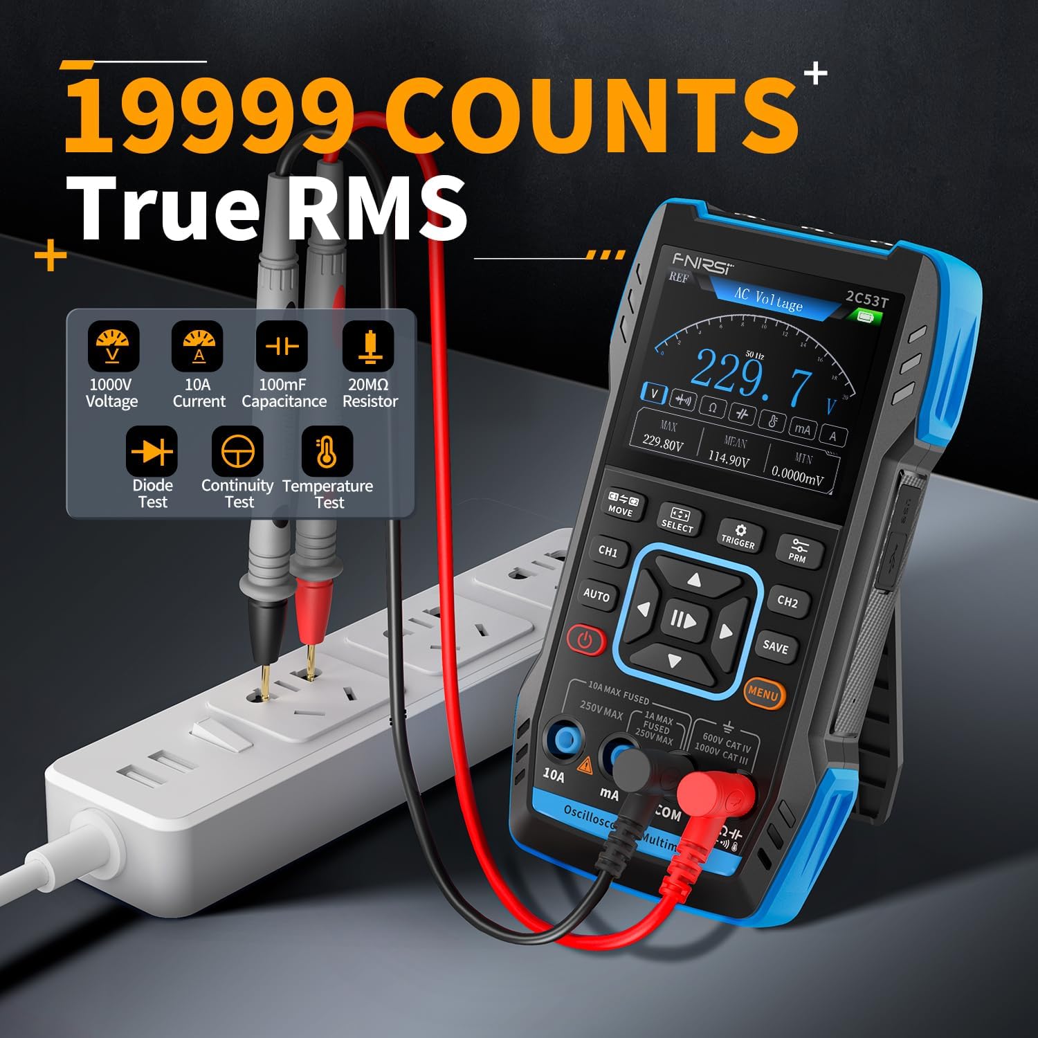 2C53T 3-in-1 Handoszilloskop Multimeter DDS Generator, 2 Kanal, 50MHz Bandbreite, 250MSa/ s Abtastrate, 20.000 Berechnungen, Spannung, Strom, Kapazität, Widerstand, 2* P6100 Sonden