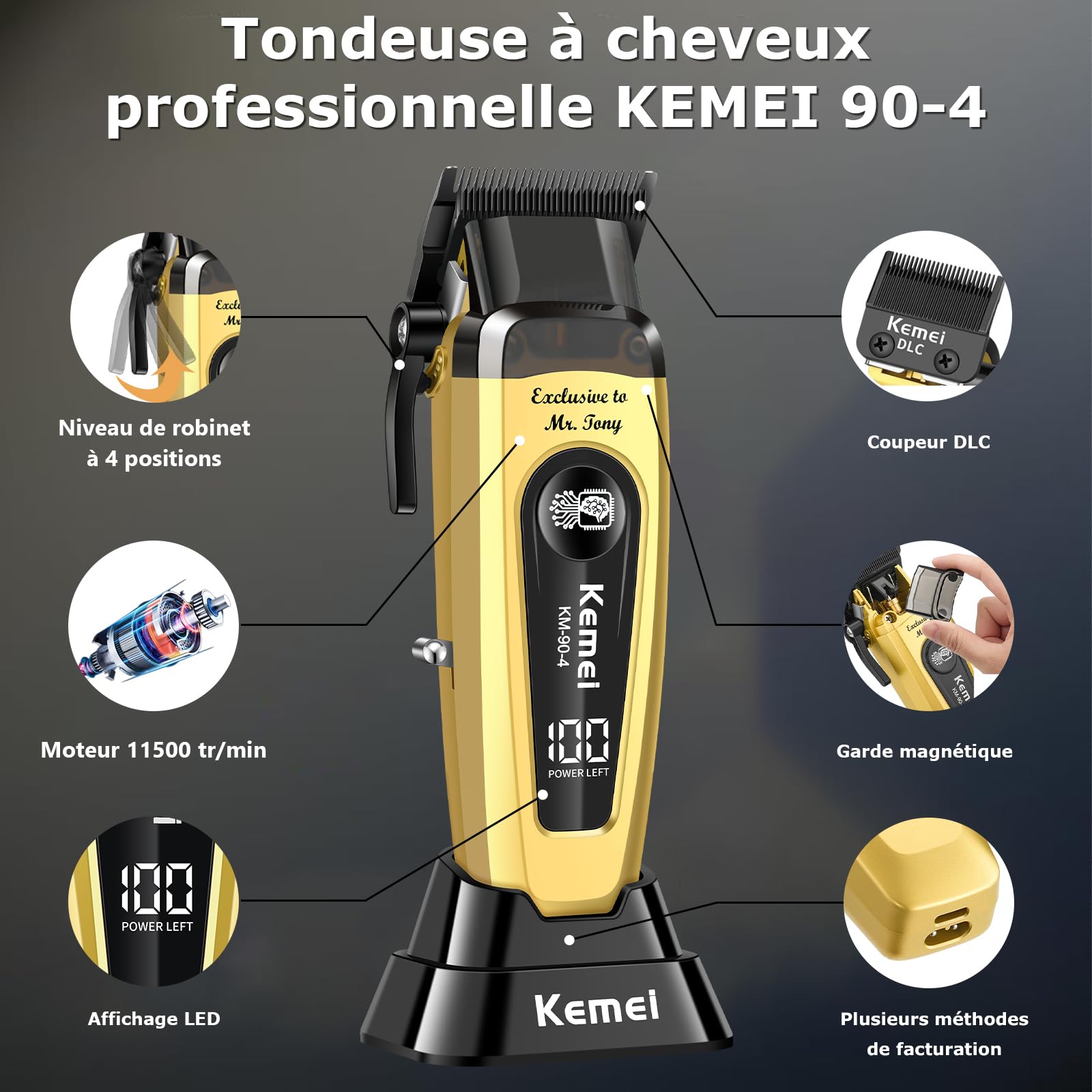 KEMEI 90-4 Tondeuse à cheveux pour homme, Tondeuse à barbe, Jaune