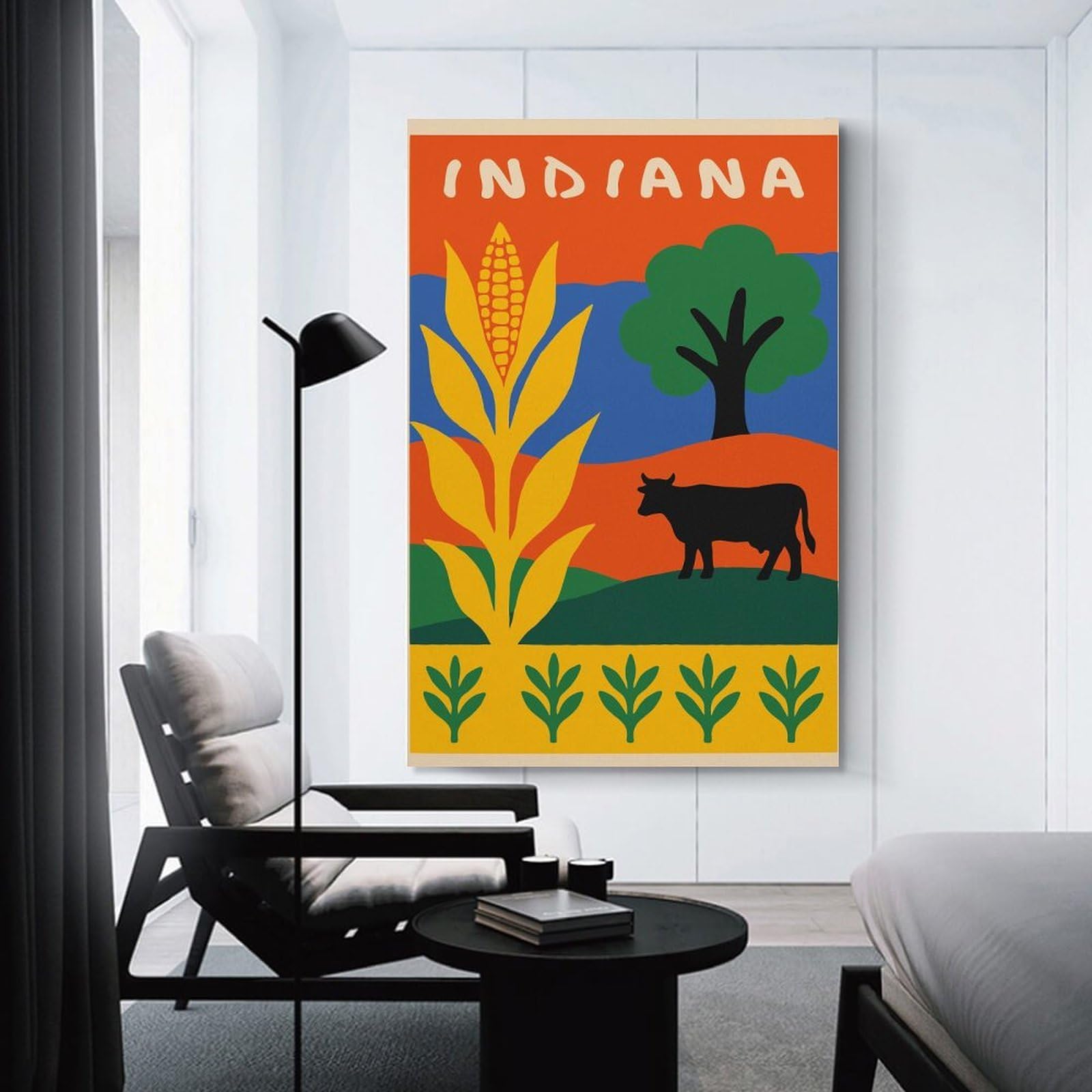Junmoney Indiana Landscape Illustration with Corn And Cow Wall Art Print 24x36inch(60x90cm), for Gallery Wall Layouts in Home Or Office, An Easy Match for Collected Prints