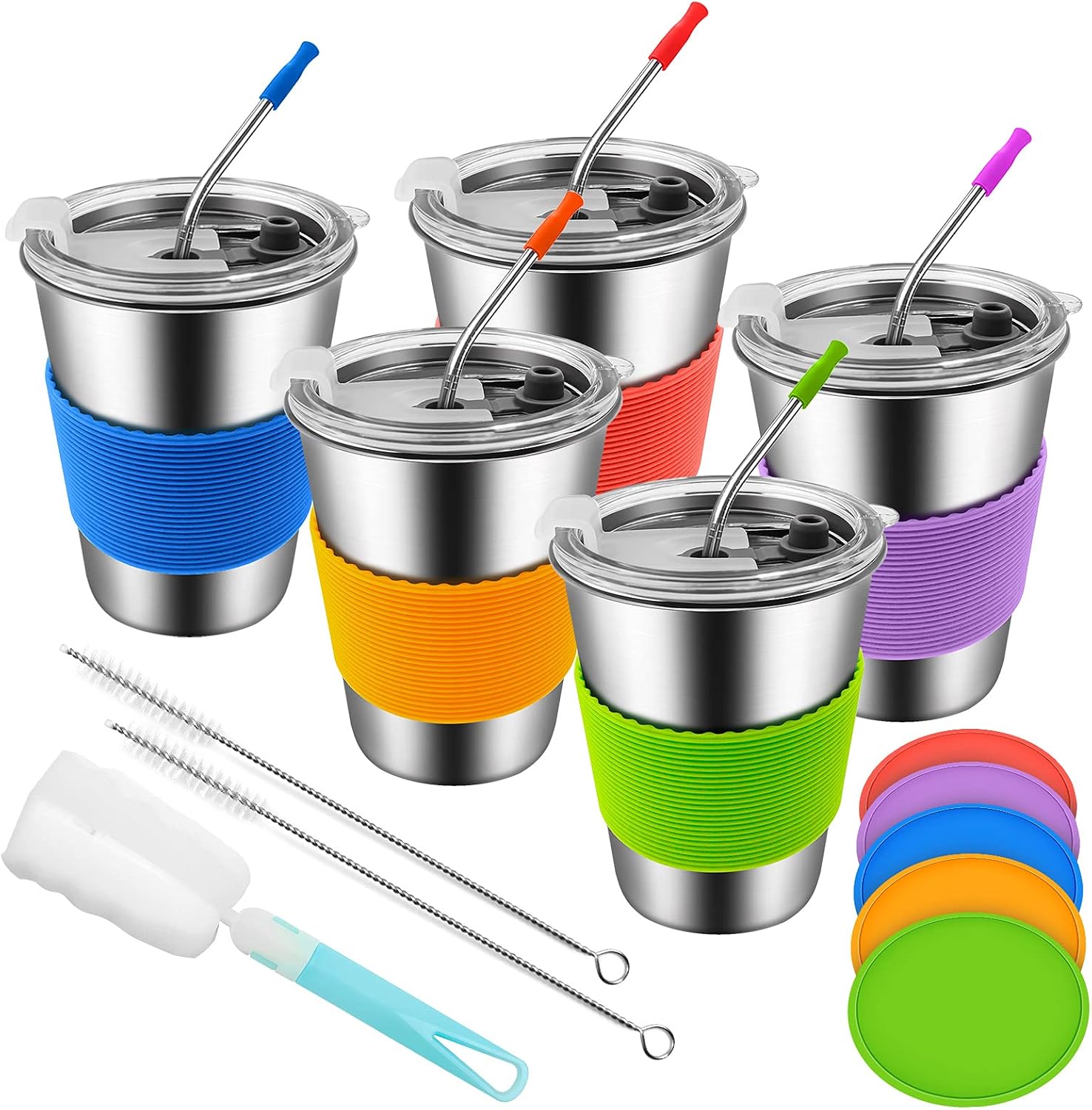 Uarzt Kids Cups with Straws and Lids, Toddler Sippy Cup Spill Proof, Unbreakable Stainless Steel Drinking Tumbler with Sleeves for Kid and Adult, Water Mug with Bonus Coasters & Brushes (12oz, 5 Pack)