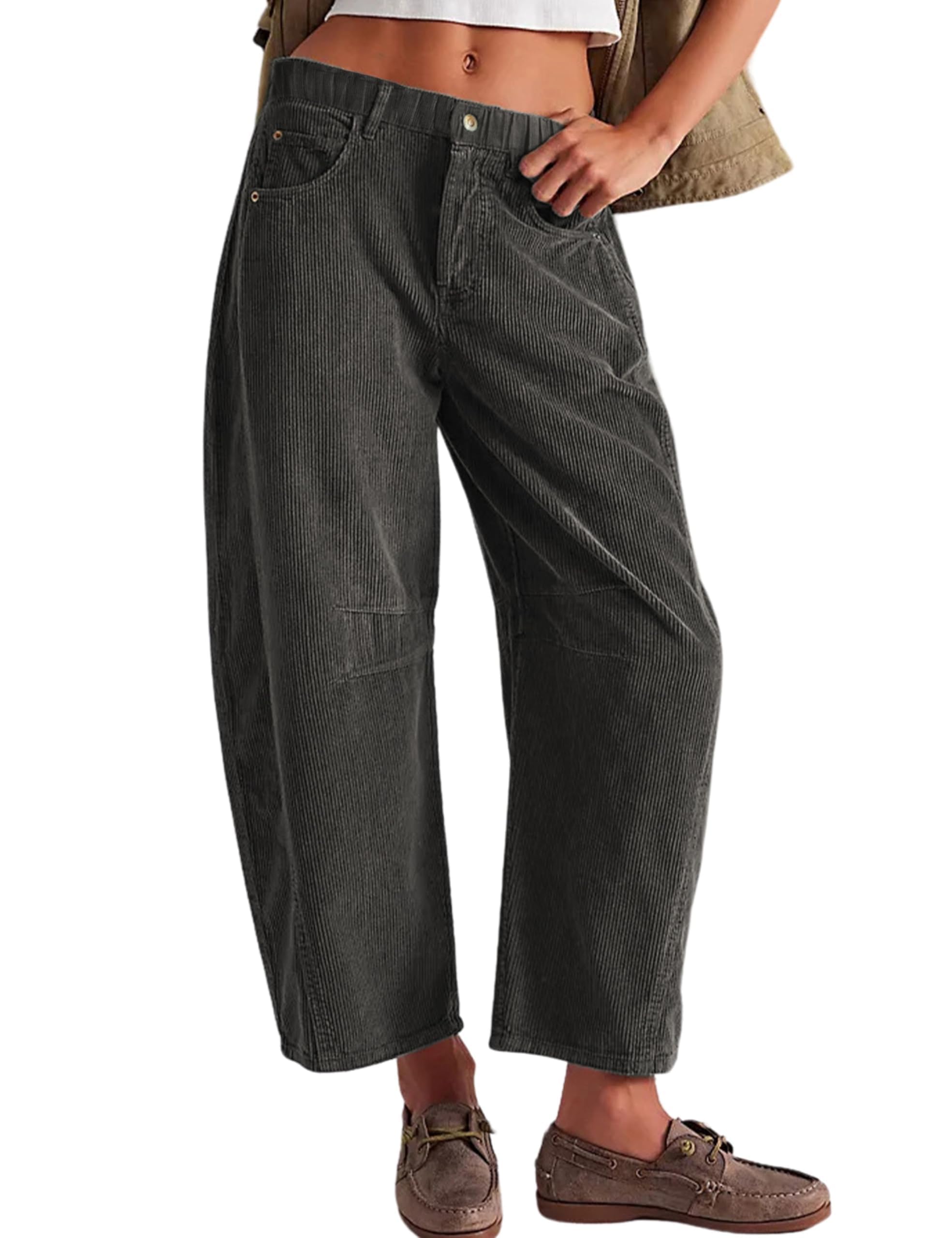 Wide Leg Corduroy Pants for Women Fall Trendy Cropped Pants Elastic Waist Mid Rise Cord Barrel Jeans with