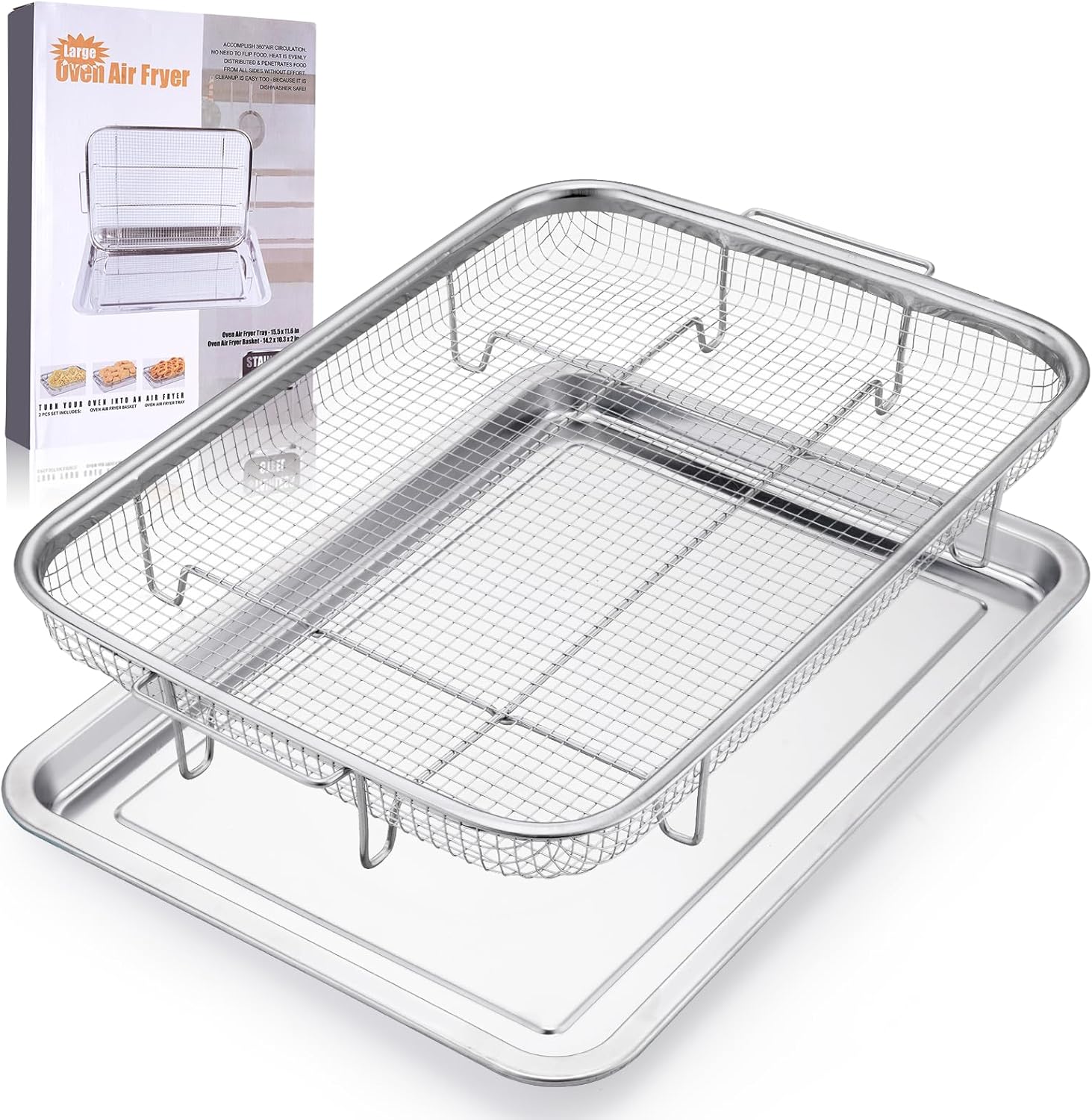 Air Fryer Basket for Oven, 15.5" x 11.6" Large Air Fryer Tray and Pan, Stainless Steel Oven Air Fryer Basket and Air Fryer Pan Rack for Cooking Baking and Broiling