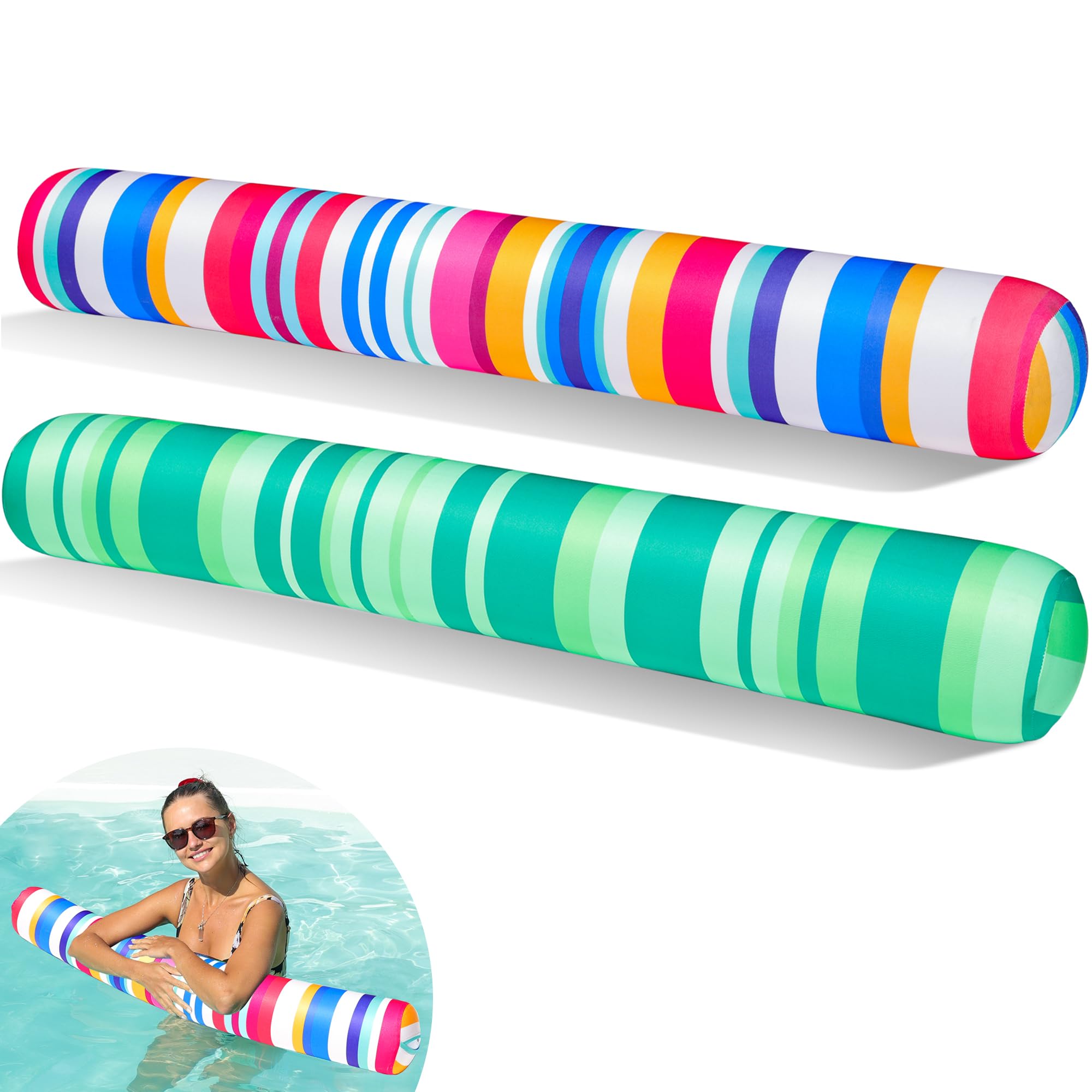 FindUWill 2 Pack Inflatable Swim Pool Noodles - Soft Fabric Covered Large Pool Noodles Floats for Adults, Swimming Pool Floats for Summer Vacation Sea Beach Lake Party (Colorful & Green)