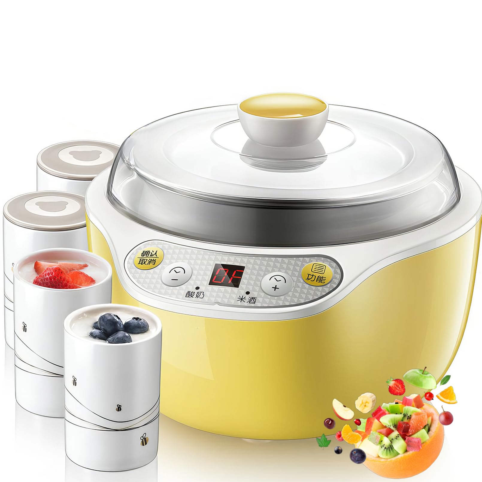Yaourtière Automatique 1000Ml, Machine À Yaourtière 20W avec 4 Tasses en Céramique de 200Ml, Affichage LED, Fermentation Thermostatique À 360° Et Minuterie, pour Yaourt Maison, Fromagère