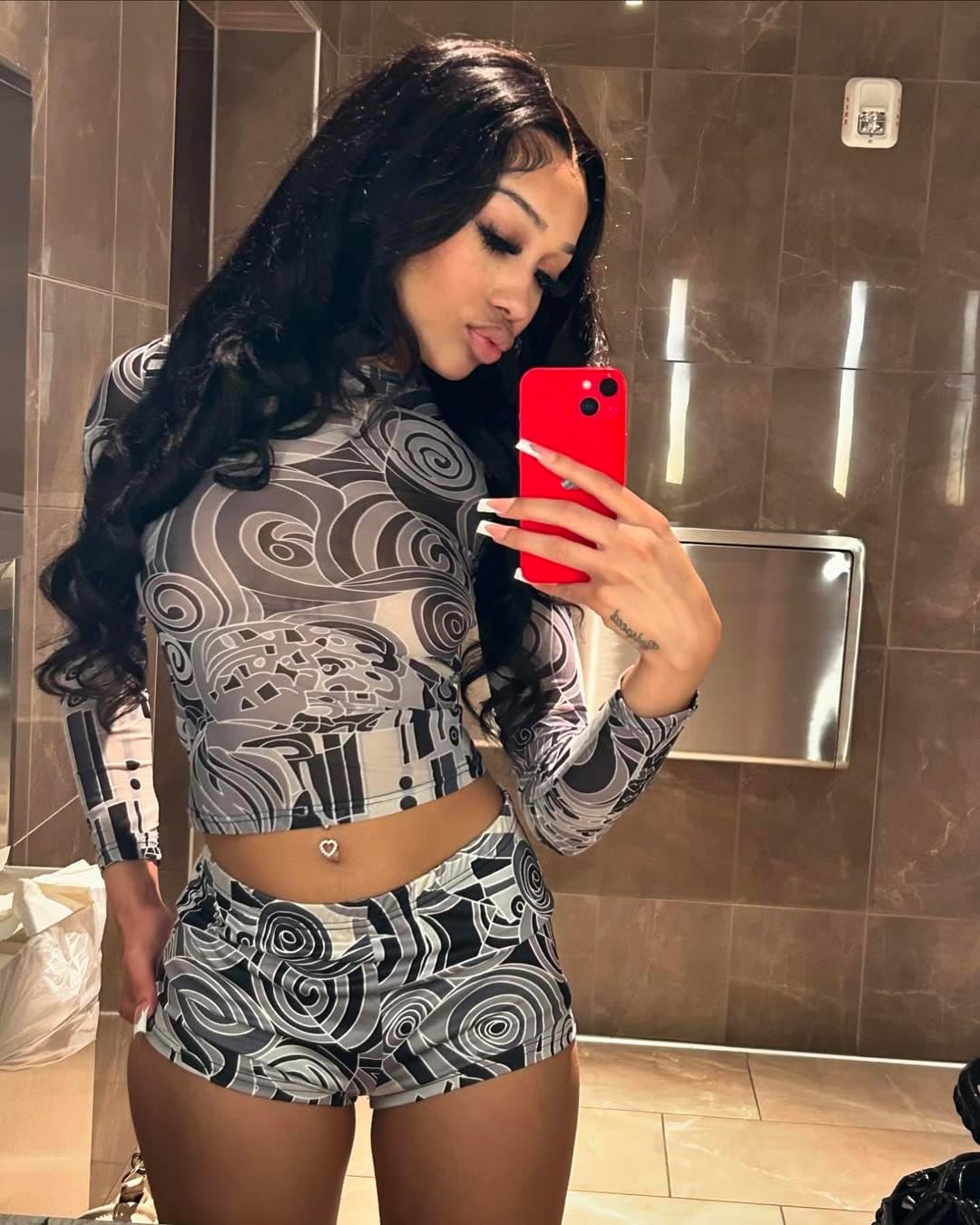 Molilove Women’s Sexy 2 Piece Outfits Mesh Print See Through Long Sleeve Top and Bodycon Shorts Sets Y2K Party Clubwear - Image 5