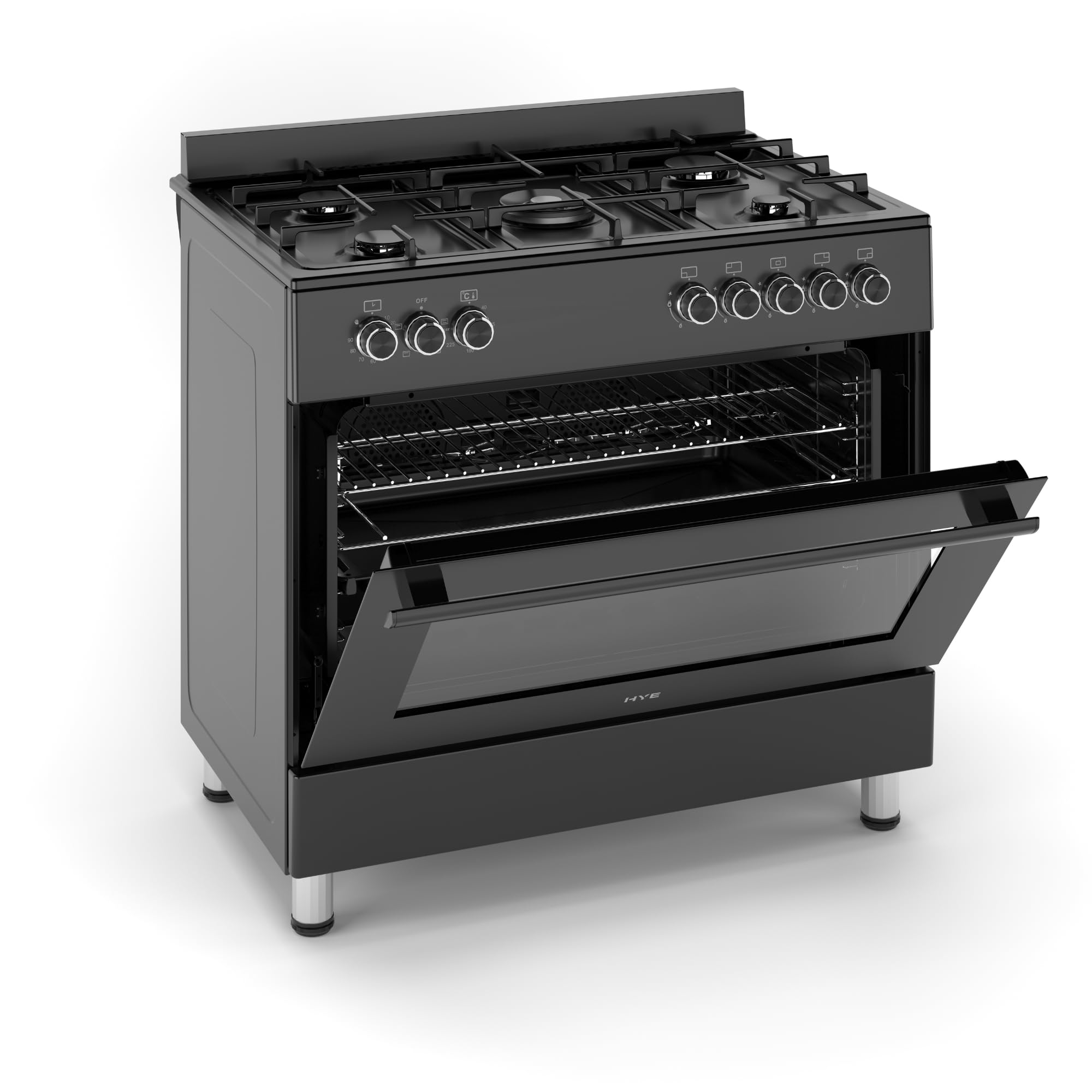 HYE Cooker - Gas Cooker, Versatile 5 Burner Gas Hob, Electric Oven, Smart Digital Controls, 90cm Width, Freestanding Design, Matte Black, Perfect For Busy Family Kitchens & Larger Homes - C01FS90G18 — view 2