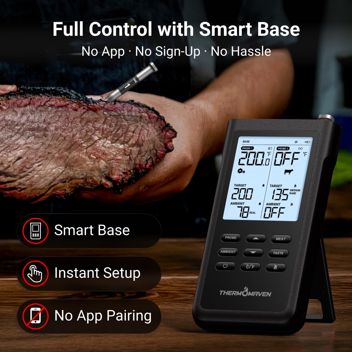 ThermoMaven 3000FT Smart Wireless Fleischthermometer, Sub-1G Langstrecke, 6 Sensoren (NIST genau), 2 dünne Sonden, Basisstation mit LCD, für Grill, BBQ, Ofen, Räucherofen (Schwarz)