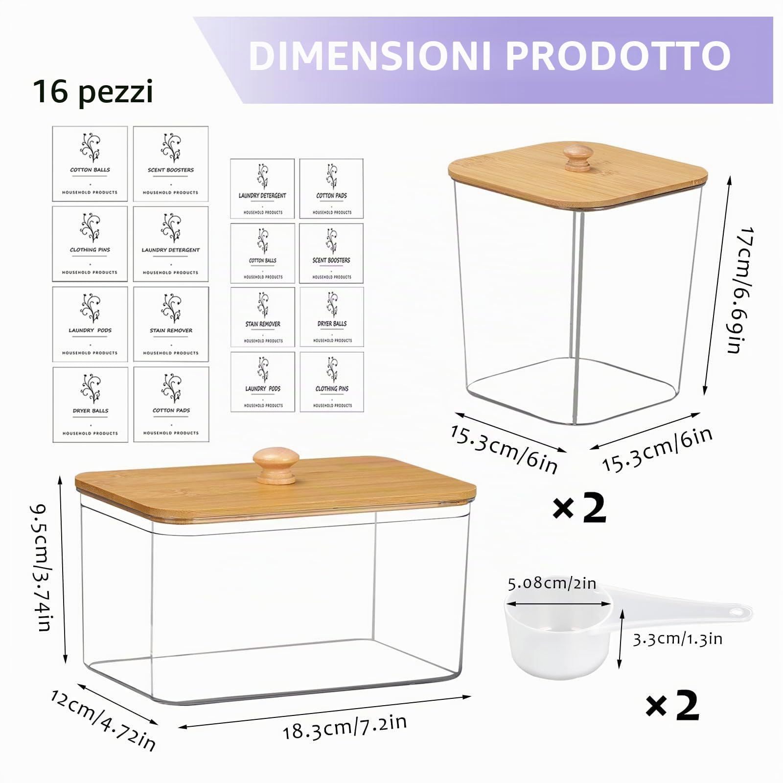3 Pezzi Dispenser Detersivo Lavatrice, Contenitore Detersivo Polvere, con Coperchi Ermetici, Dosatore Detersivo Lavatrice per Bucato, 16 Etichette ＆ 2 Misurini, Barattolo per Bucato in Plastica