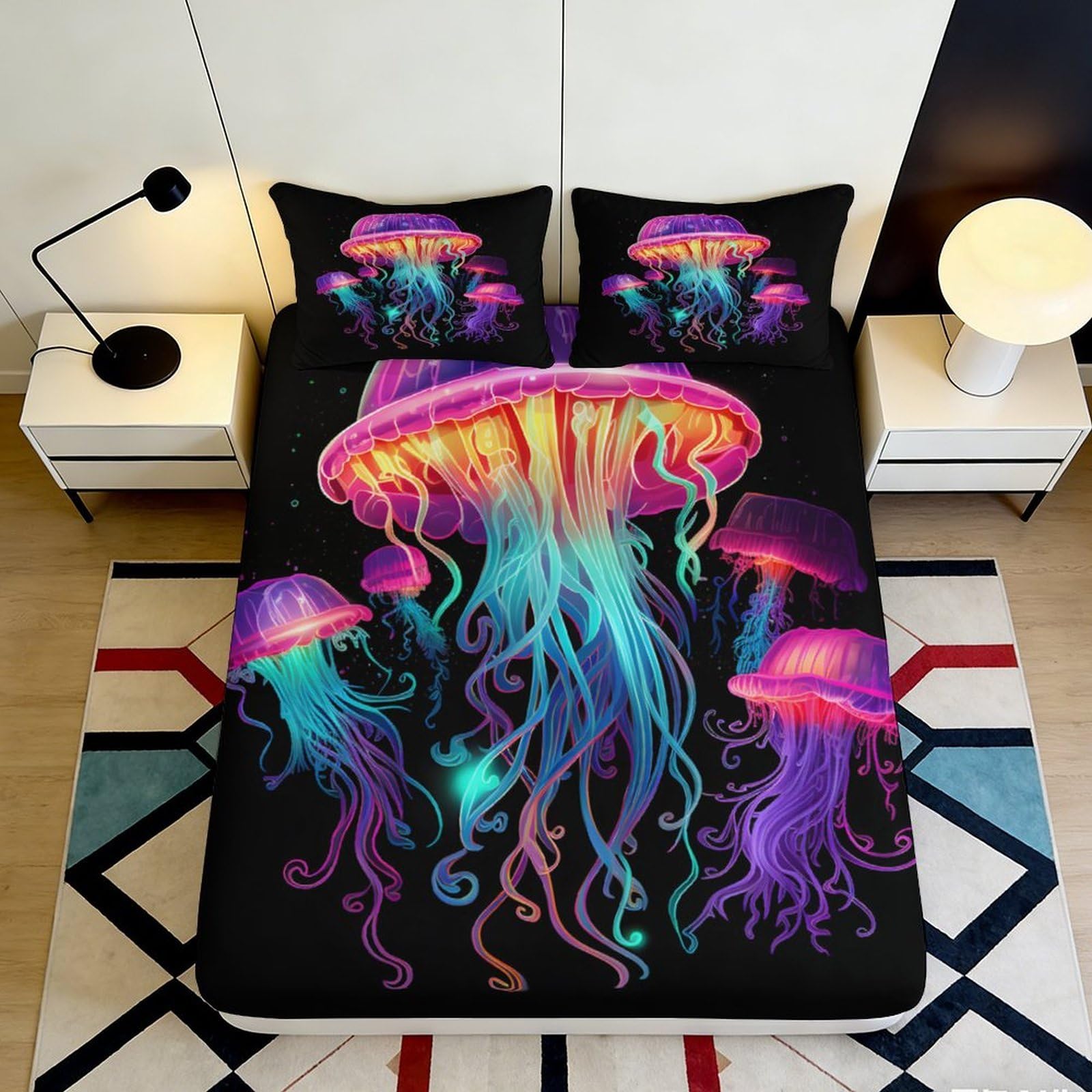 3D Printed Neon Jellyfish Fitted Sheet Microfiber Vibrant Ocean Mattress Cover for Bedroom Dorm Decor 90x200x25cm