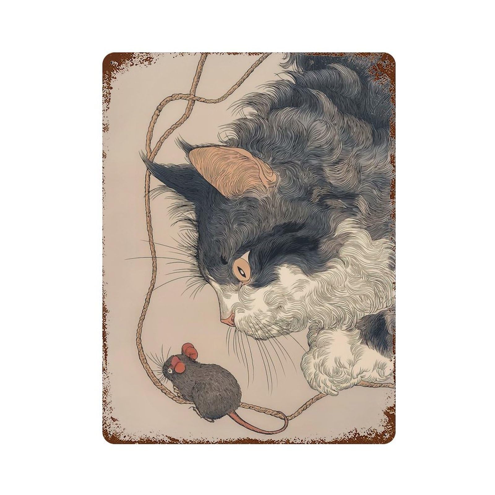 Cat And Mouse Illustration 15.7"x11.8" Vintage Rust Metal Sign, Novelty Wall Decor for Living Room, Hallway And Home Decor