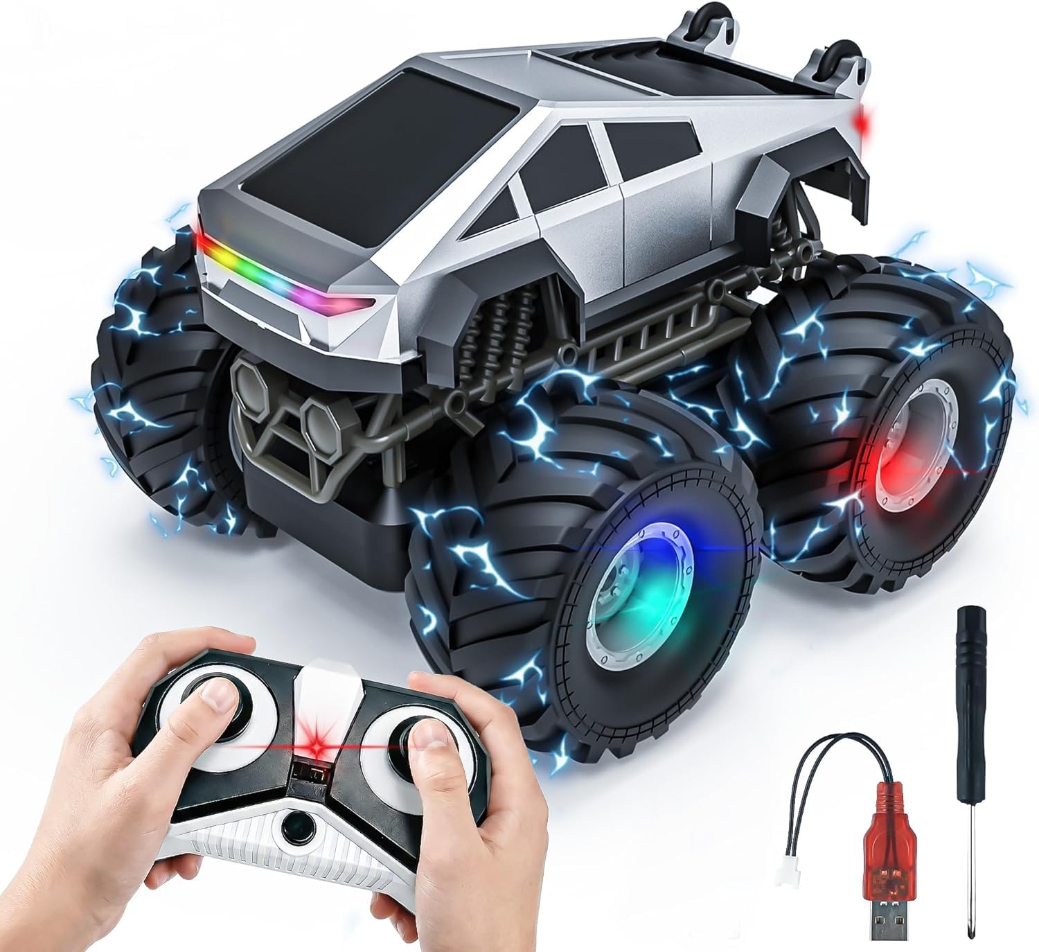 Enyee Remote Control Truck RC Stunt Car, 2.4GHz Off-Road Vehicle with LED Lights, Music & 360° Rotation Robot Toys, Cyber Truck Toy for Boys Girls Age 6-12, Birthday Gifts for 8-10 Year Old Kids