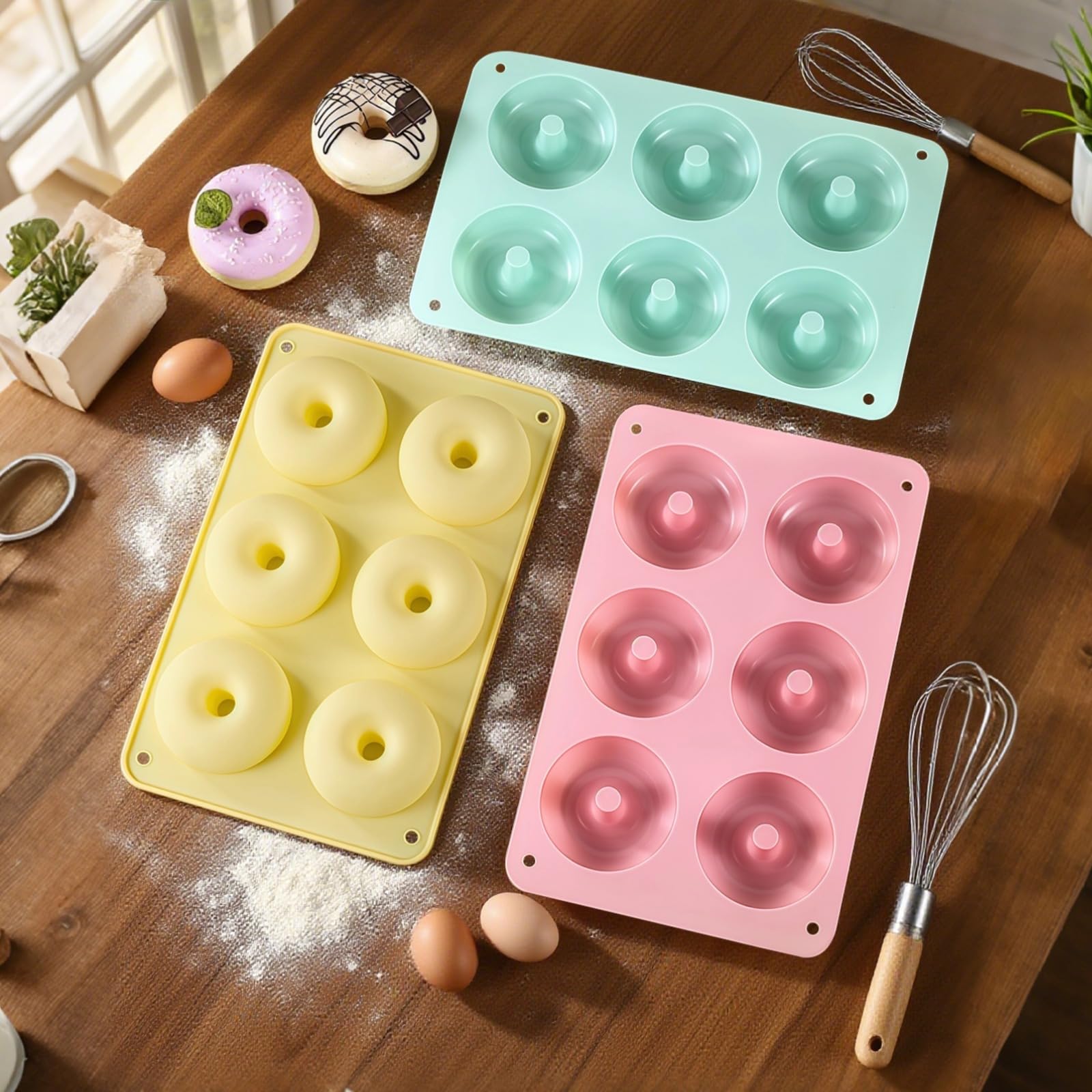 Moule à donuts en silicone, lot de 4, ronds, 6 cavités, couleurs macaron, avec trous de suspension, silicone adapté au contact alimentaire, idéal pour biscuits, beignets et desserts