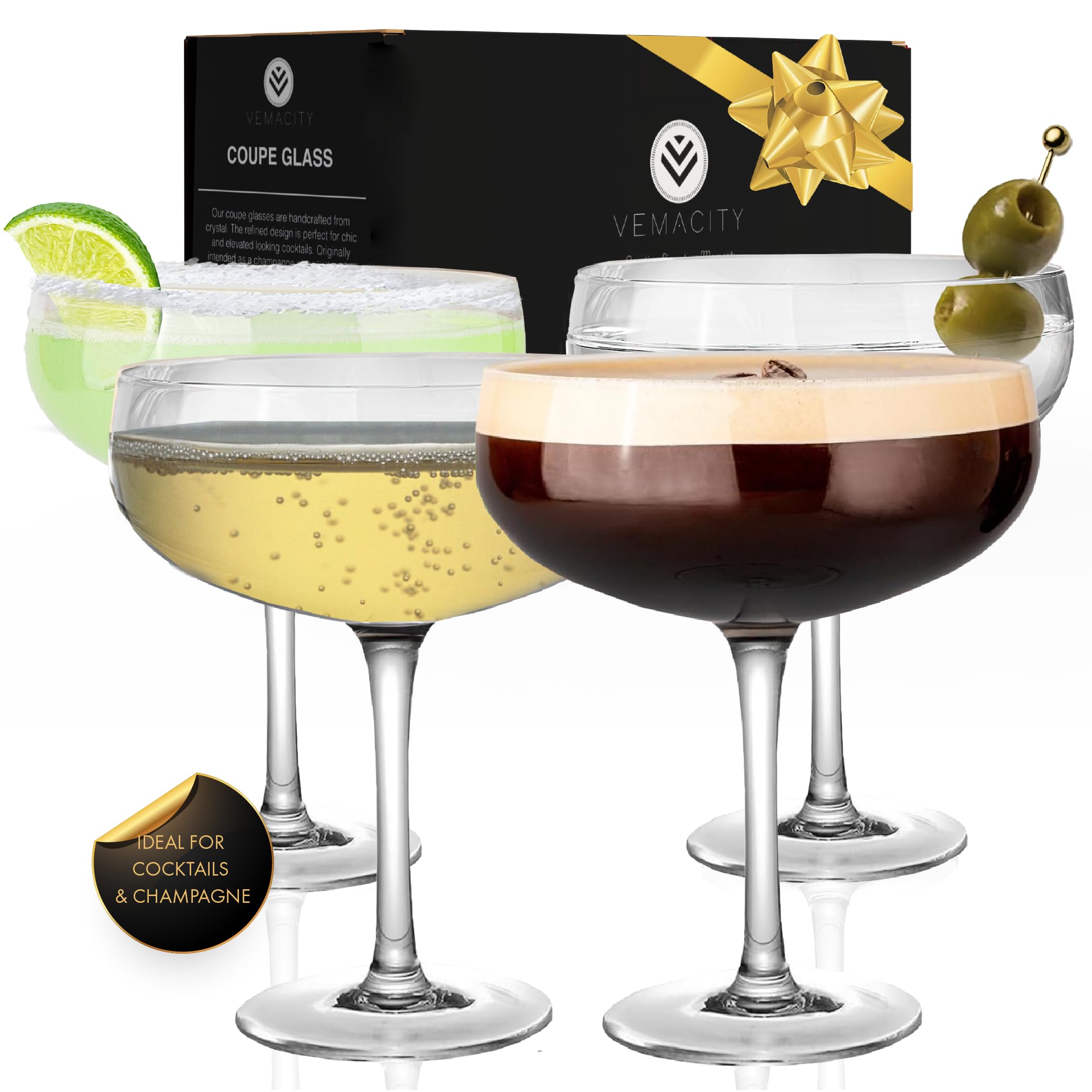 Elegant Espresso Martini Glasses | Handmade Coupe Cocktail Glasses Set of 4 | Quality Champagne Coupe/Champagne Saucers | Large Cocktail Glass | Perfect for Serving Mocktails | Ideal for Gifting