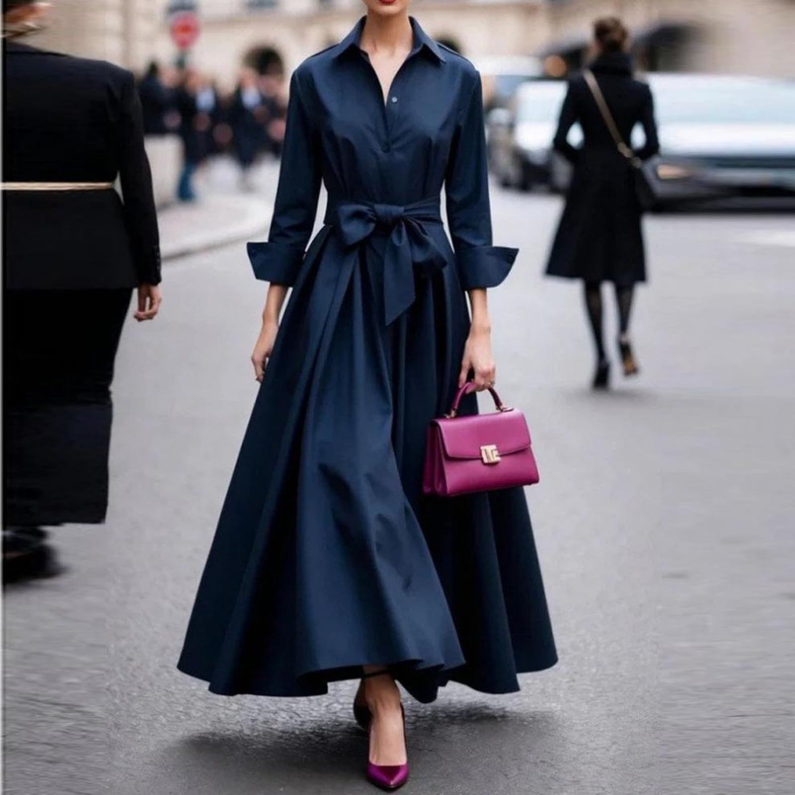 Generisch Winterkleider Damen Lang Blusenkleid Langarm Festlich Kleider Damen Business Hemdkleid mit Knopfleiste Maxi Kleid Schnürung Winterkleid Elegant Frühlingskleid Schwingen Damenkleider