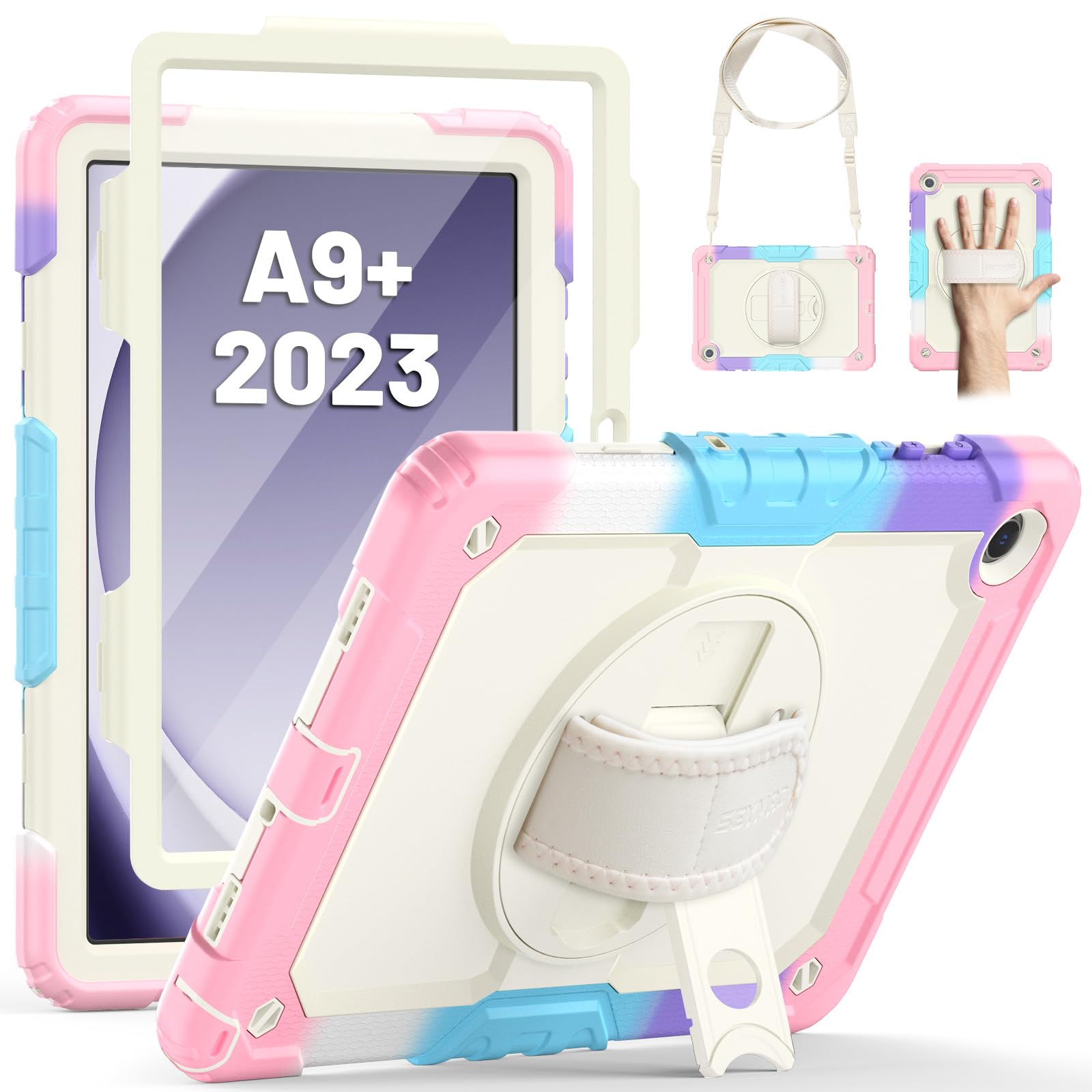 Coque Galaxy Tab A9 Plus抗震防摔带屏幕保护膜360度旋转支架粉迷彩
