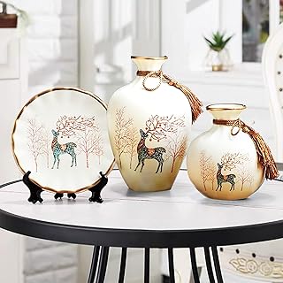 Gintison White Ceramic Vase Set, Three-Piece Deer Decorative Ornament Set for The Living Room TV Cabinet and Wine Cabinet