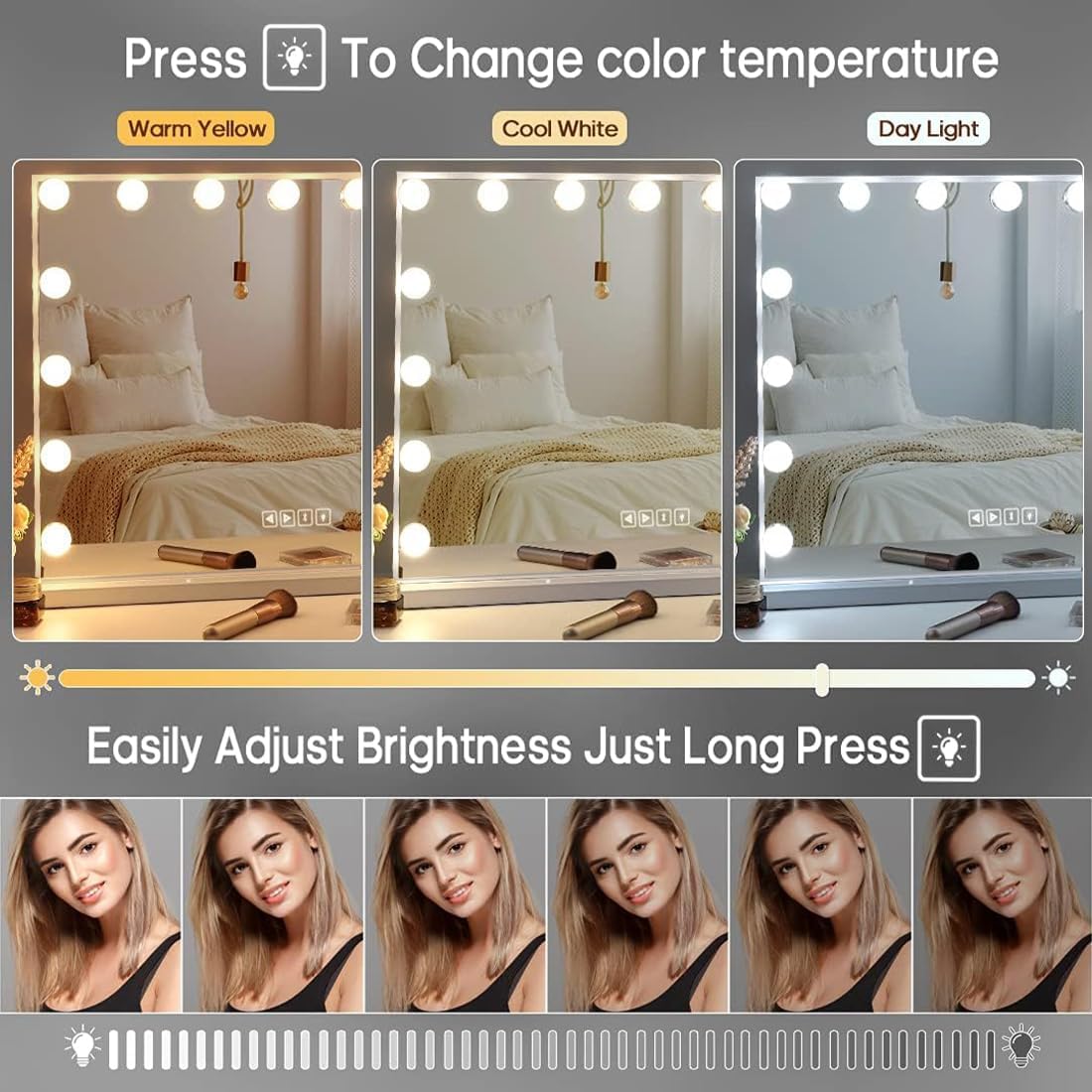 Rectangular Frameless Vanity Mirror with Dimmable LED Lights
