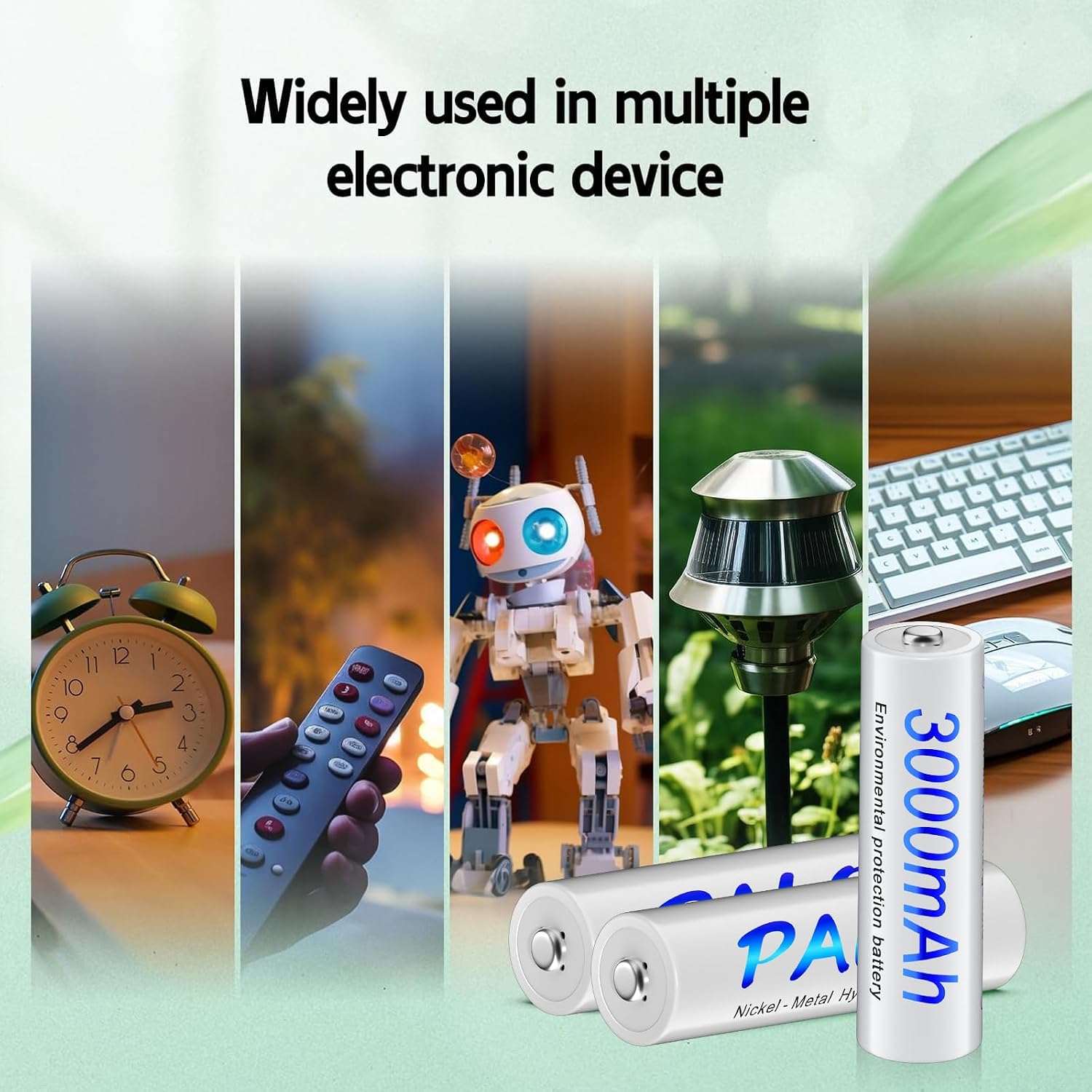 Various electronic devices including an alarm clock, remote control, robot toy, solar garden light, and keyboard, illustrating the wide range of applications for Palogreen AA batteries.