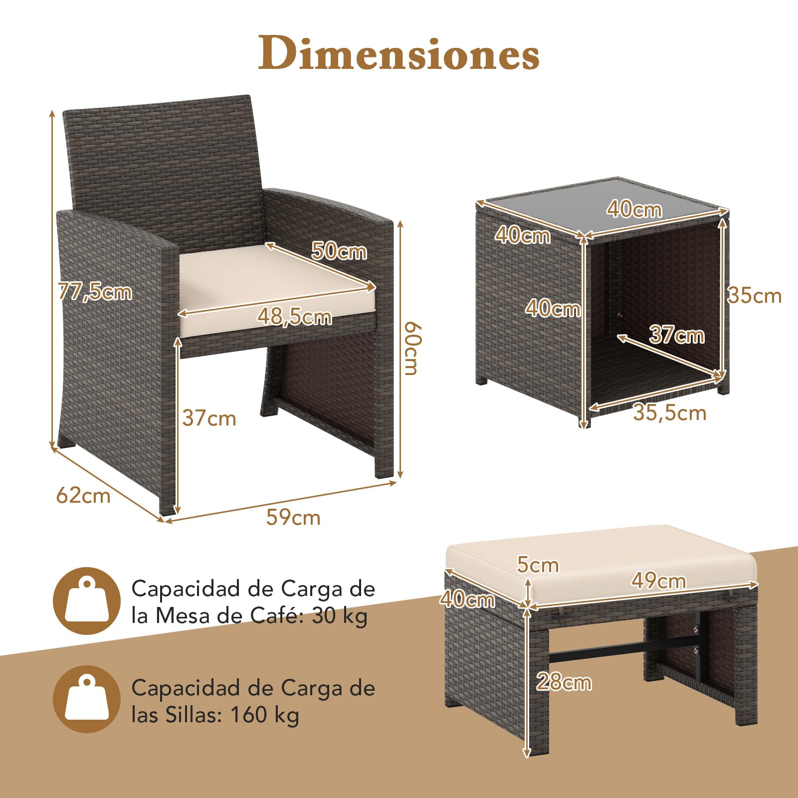 COSTWAY Conjunto de Muebles de Jardín de Ratán 5 Piezas, Set Conversación de Exterior con Silla y Otomana y Mesa Baja en Vidrio Templado, Cojines, Mesa y Sillas Terraza Jardín Patio Piscina (Blanco)