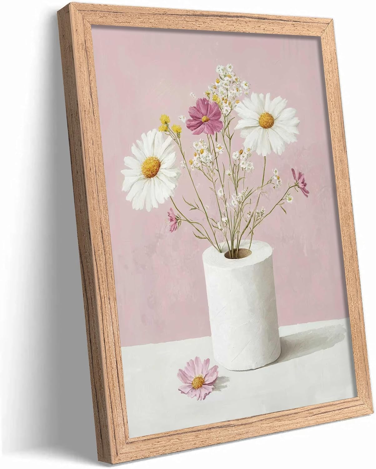 lianyibo Funny Bathroom Canvas Wall Art,Pink Daisy Floral Botanical Wall Decor,Minimalist Toilet Paper Flower Poster Print(40x60/Frameless)