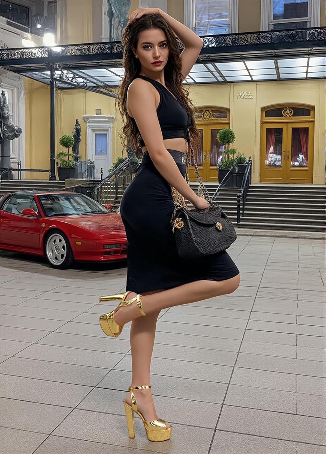 NobleOnly Womens High Block Platform Heel Peep Toe Ankle Strap Sandals Buckle Prom Dress Shoes 5.9 Inches Heels - Image 3