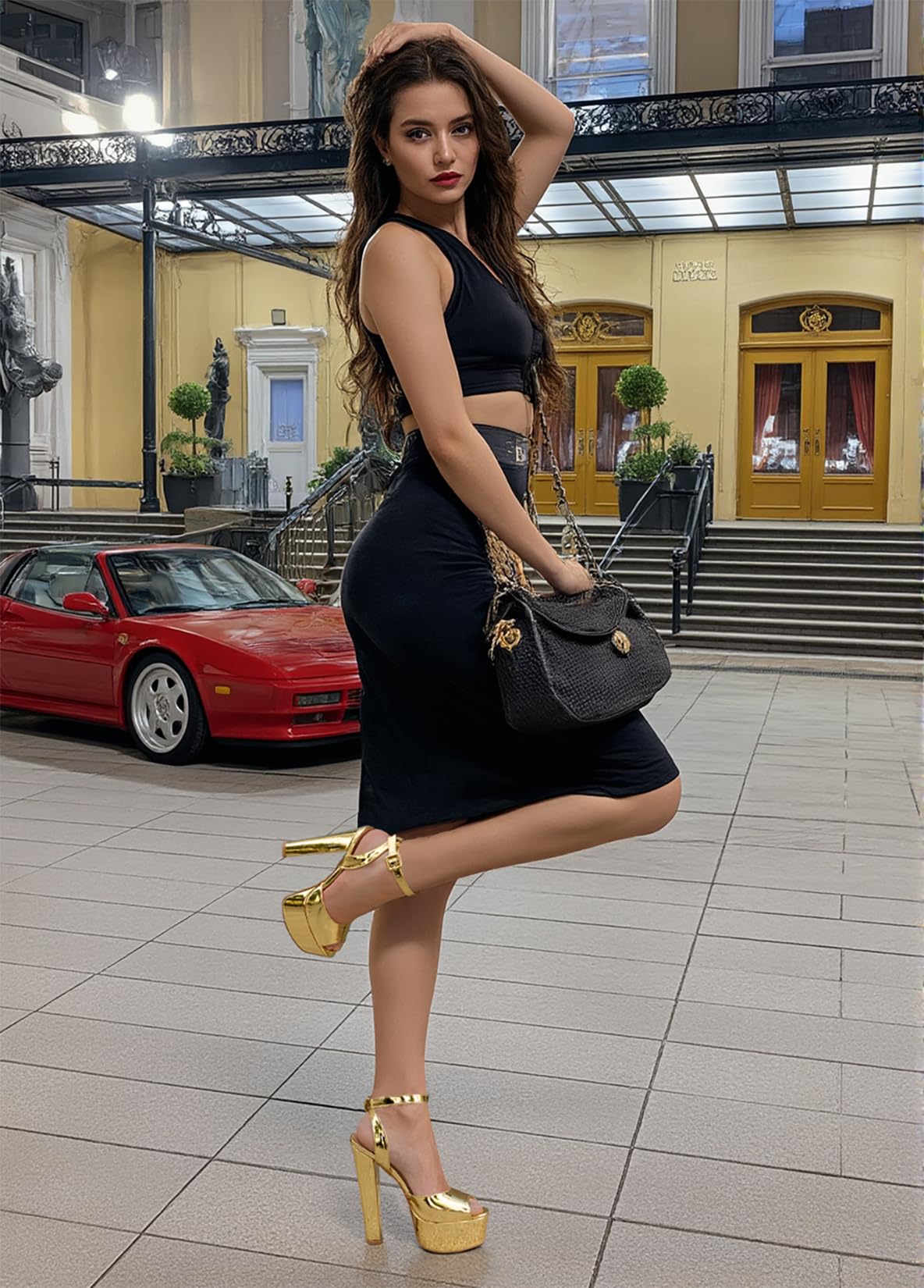 NobleOnly Womens High Block Platform Heel Peep Toe Ankle Strap Sandals Buckle Prom Dress Shoes 5.9 Inches Heels