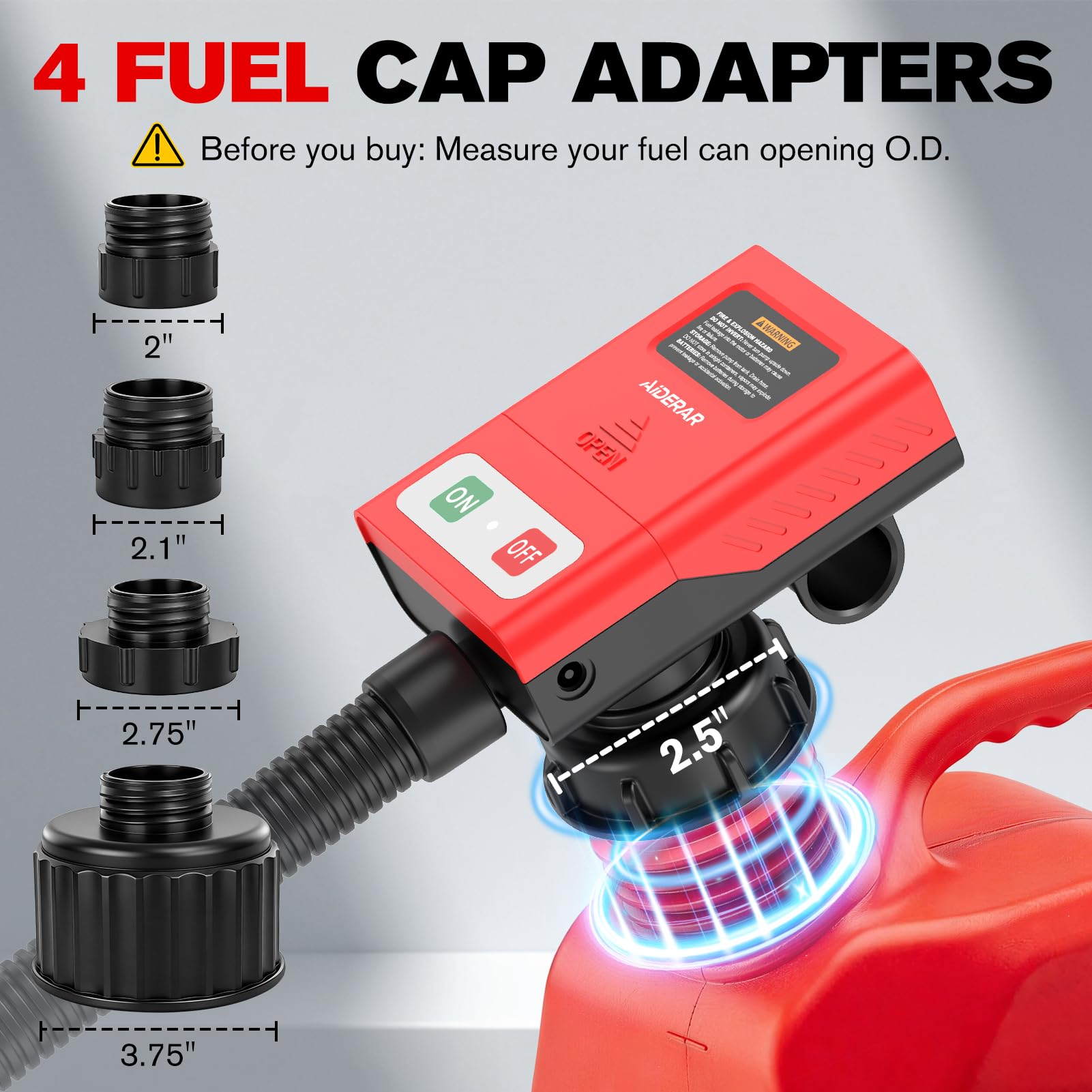 Pompe de transfert de carburant automatique avec arrêt automatique, 180,3 cm, tuyau de 180,3 cm, pompe à gaz portable alimentée par batterie avec 4 adaptateurs, pompe de transfert de liquide