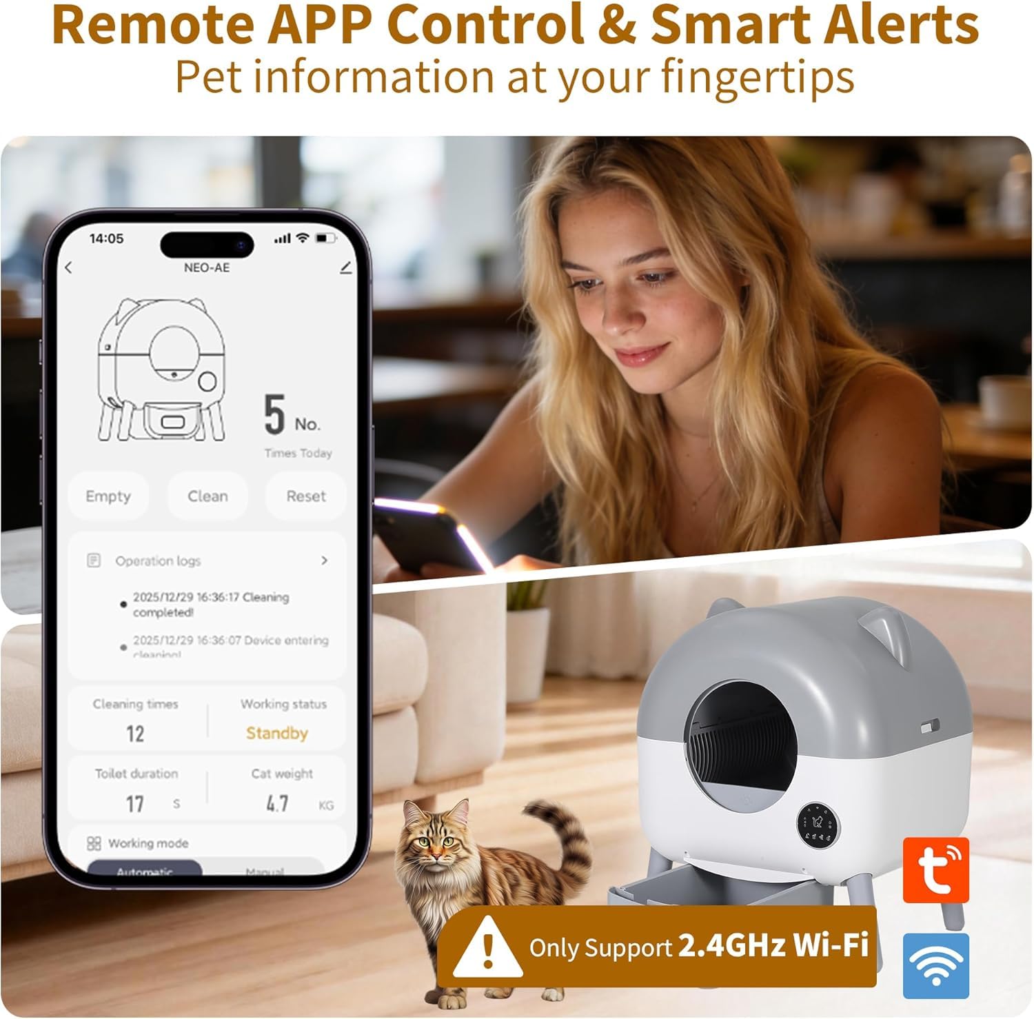 Arenero Autolimpiable para Gatos 66L, Caja De Arena Automática Inteligente con Control por App, Sensores De Seguridad Anti-Atrapamiento, 6 Luces Ambientales Ajustables, Bajo Ruido