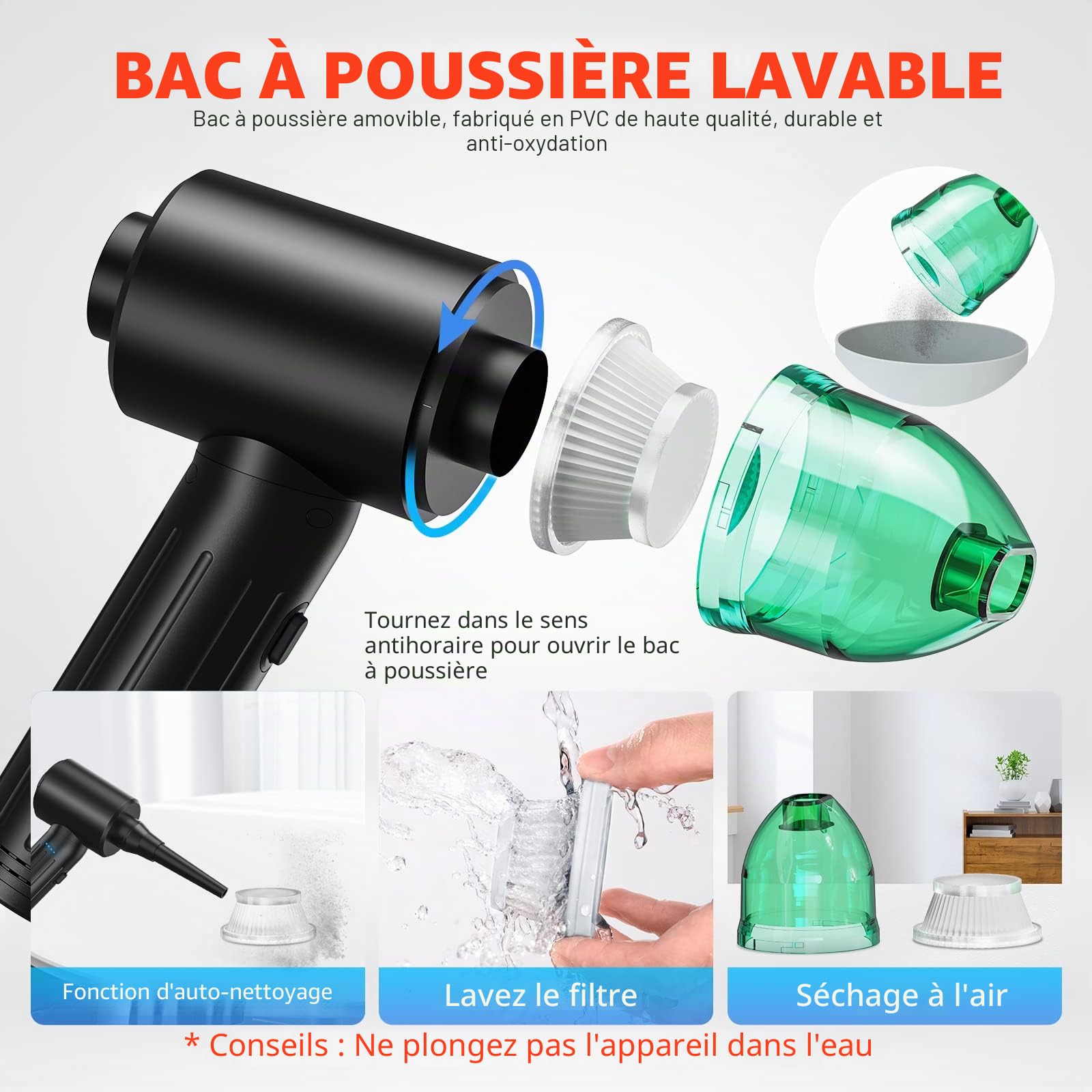【Moteur sans Balais】 4-in-1 90W 130000RPM Plus Puissant Air Comprimé Depoussierante & 12 Kpa Aspirateur, Indicateur de Puissance, 3 Vitesses, Puce Intelligente, 7500mah, 15W Charge Rapide