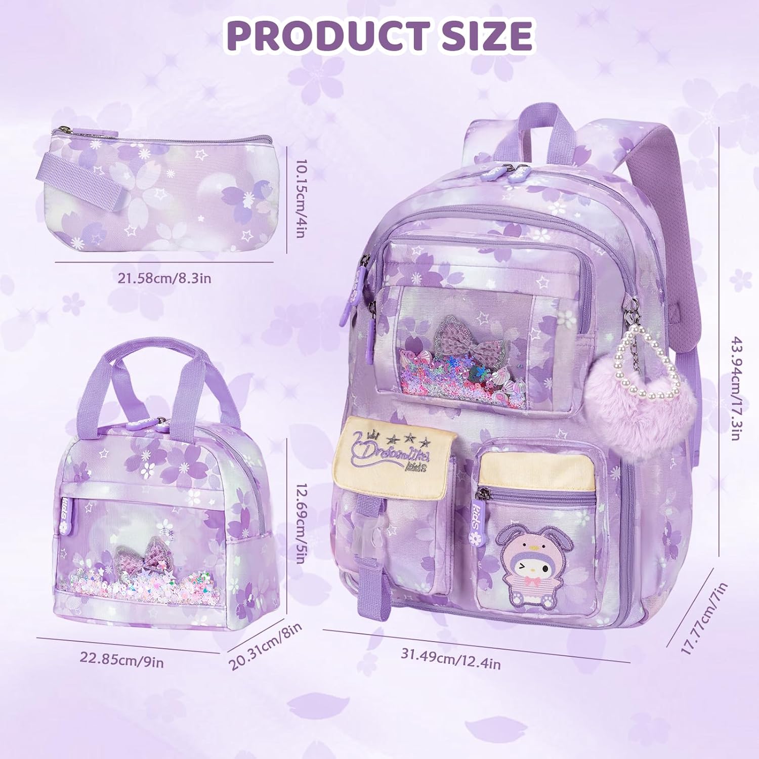 Kids Backpack for Girls, Cartoon School Bag for Elementary Middle School Students, Kawaii Children's Book Bag with Lunch Box & Pencil Case (17inch Set Purple)