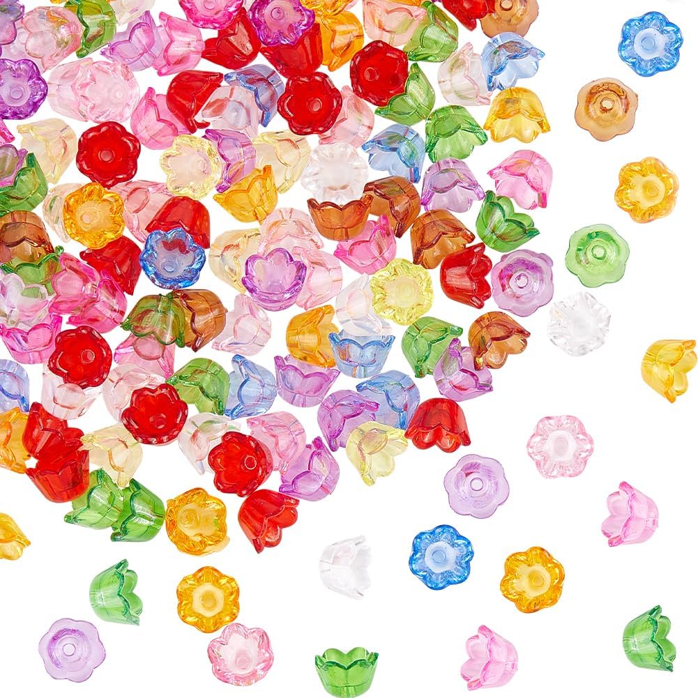 600Pcs Acrylic Flower Bead Caps Transparent Flower Beads Bulk Colorful Bell Tulip Flowers Lily Floral Spacer Loose Bead End Caps for Jewelry Making Earrings Bracelets Women Adult DIY Crafts