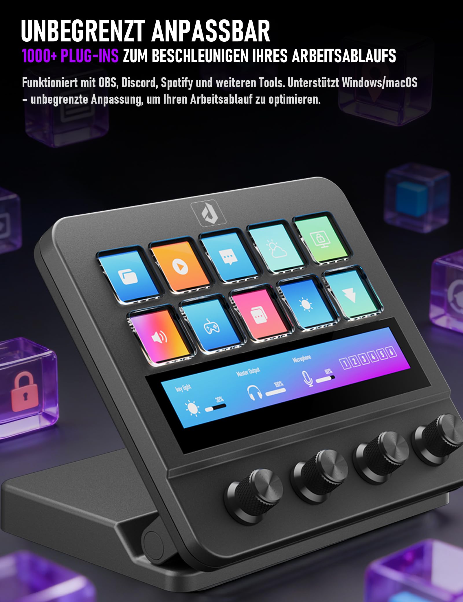 upHere Stream-Controller Makro-Pad Stream-Console–10 programmierbare LCD-Tasten & 4 Knöpfe,Touch Strip,USB MIDI Tastatur für Content-Creator,Gamer & Fachkräfte,kompatibel mit PC,Mac,CMN4EK