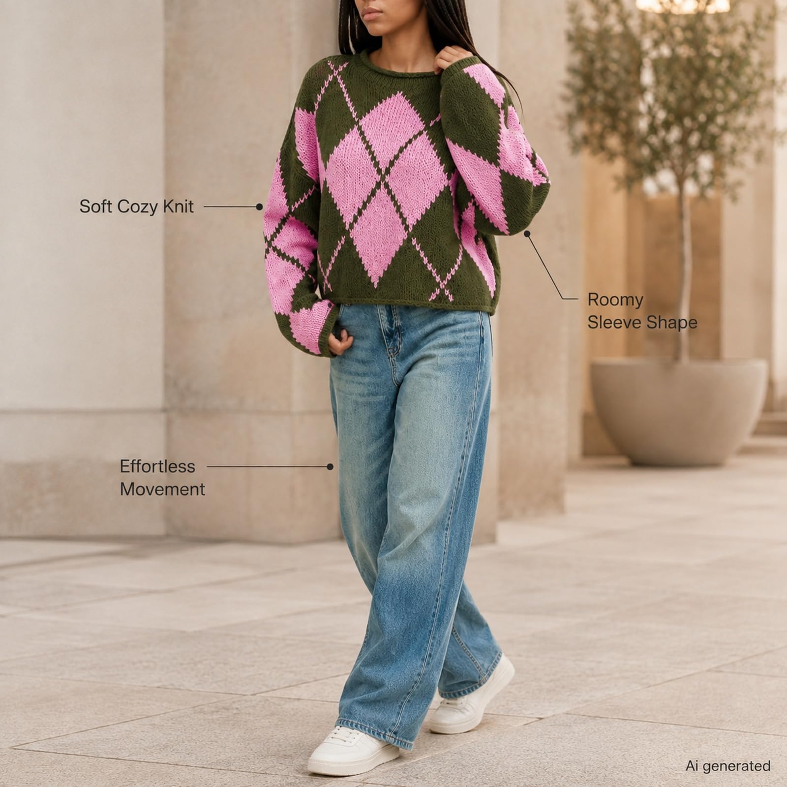 Damski sweter Argyle z okrągłym dekoltem z długim rękawem luźny sweter z