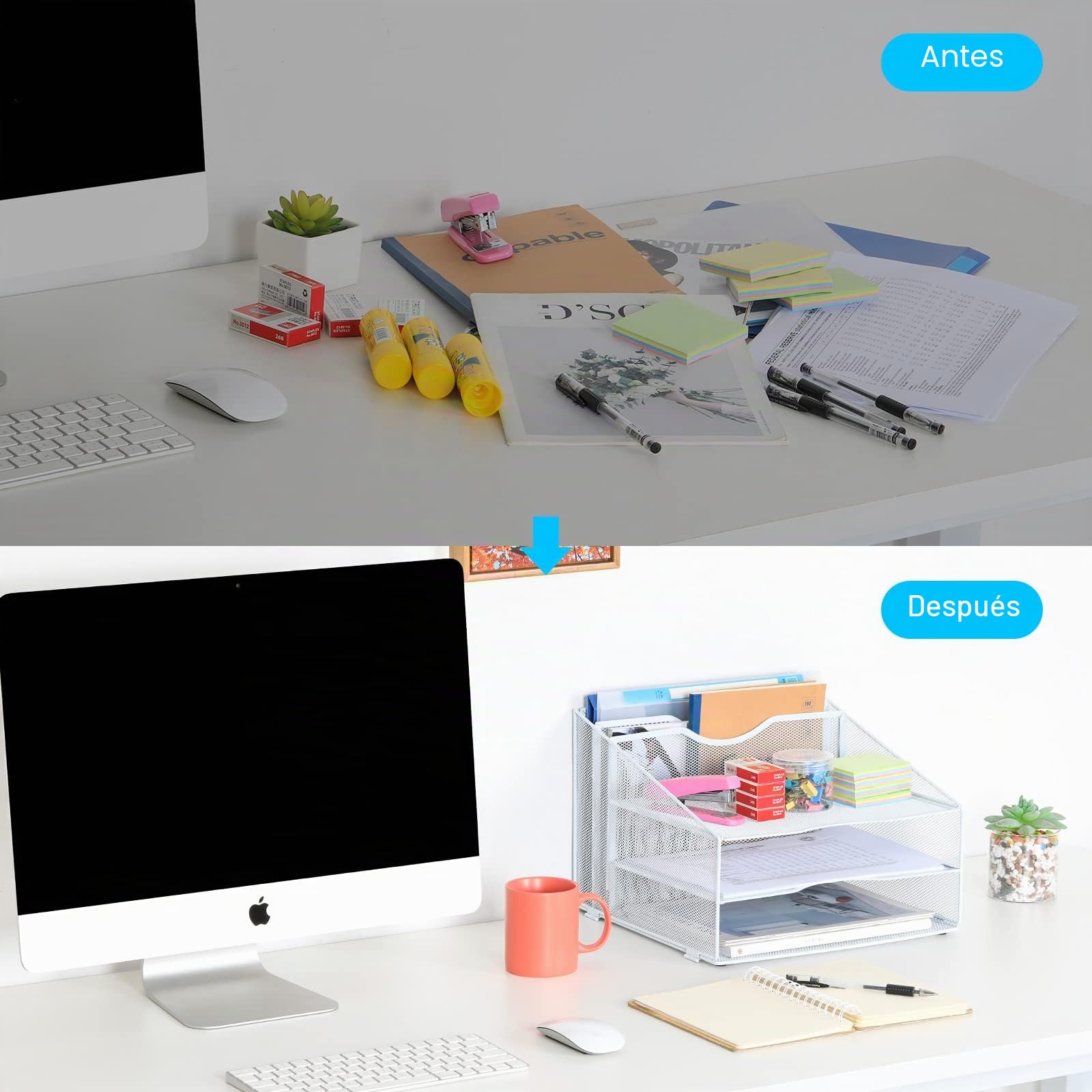 EasyPAG 5 Compartimentos Metal Malla A4 Organizador Escritorio Bandeja Papeles Soporte Archivos Almacenamiento Revistas Clasificador Carta Estante Documentos,Blanco