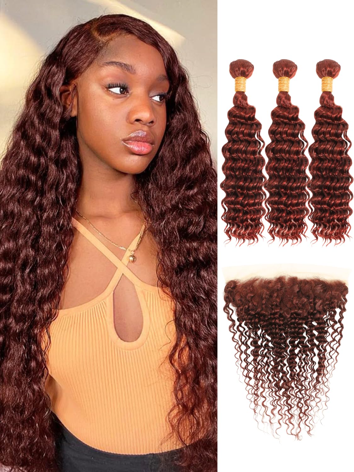 AUROO Reddish Brown Deep Wave Bundles with Frontal Human Hair 20 22 24+20, 12A 100% Virgin Brazilian Weaves Curly Copper Auburn Red 3 Bundles with