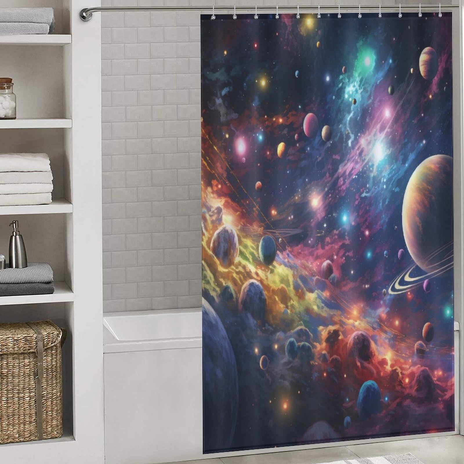 Rideau de douche planète lavable 140x183cm avec 12 crochets pour baignoire