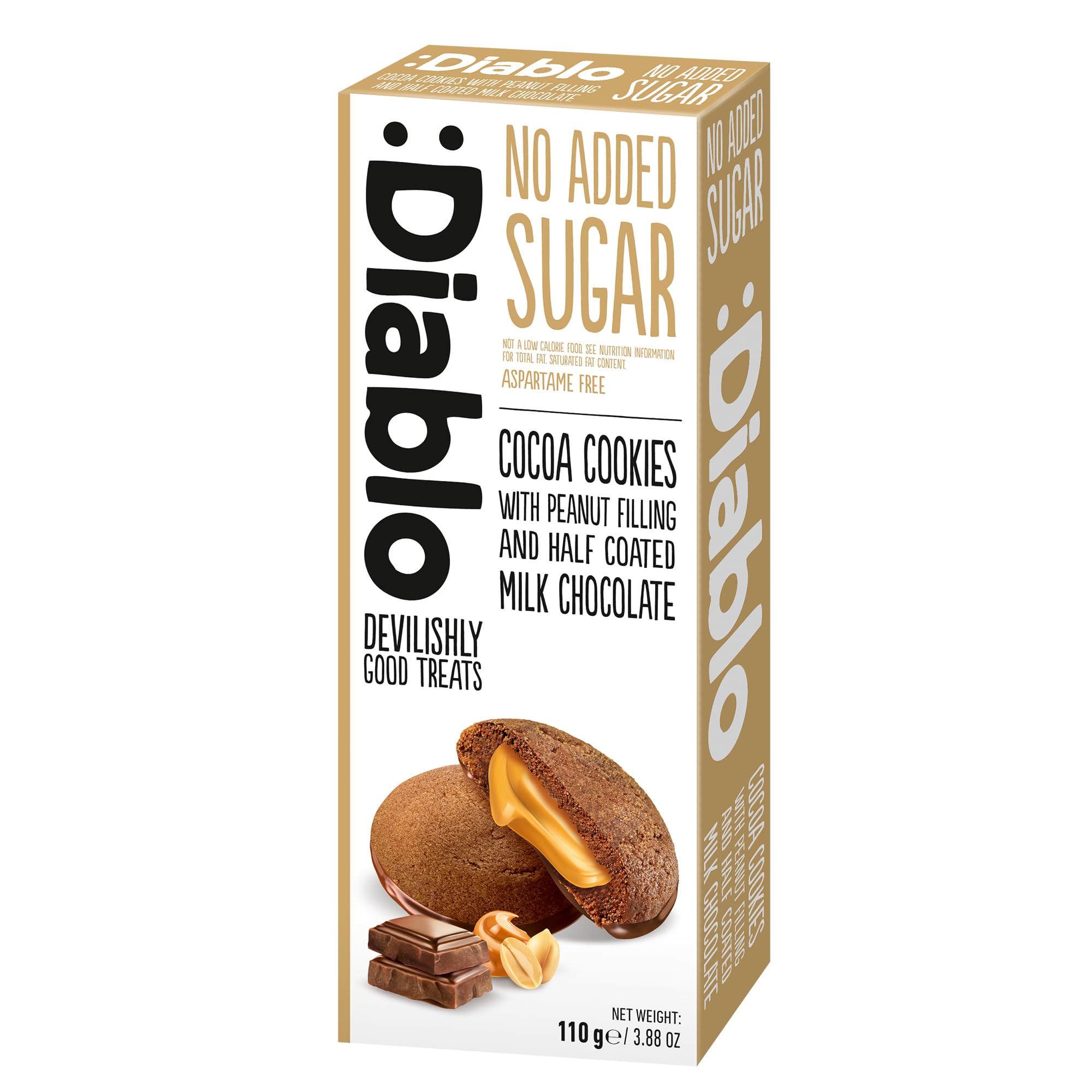 Diablo No Added Sugar Cocoa Cookies with Peanut Filling & Half Coated Milk Chocolate – No Added Sugar Biscuits Snacks for Adults & Families, Sweet Treats Sweetened with Maltitol, 110g (Pack of 1)