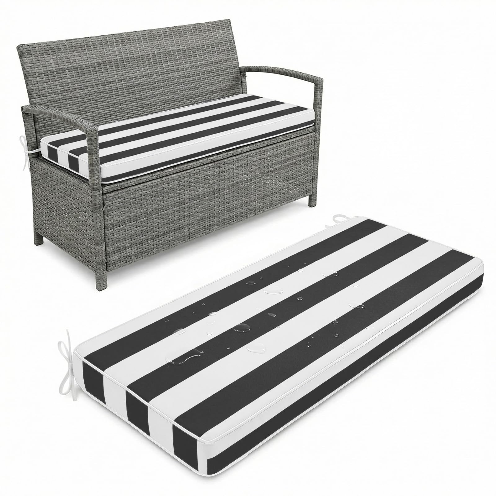 Aocase Waterproof 2/3/4 Seater Bench Cushion 125x50cm Indoor Outdoor Comfortable Extra Thick 5cm Garden Bench Rattan Cushion Pad with Removable Cover for Patio Lawn with Double Piping,Black Striped — image 1