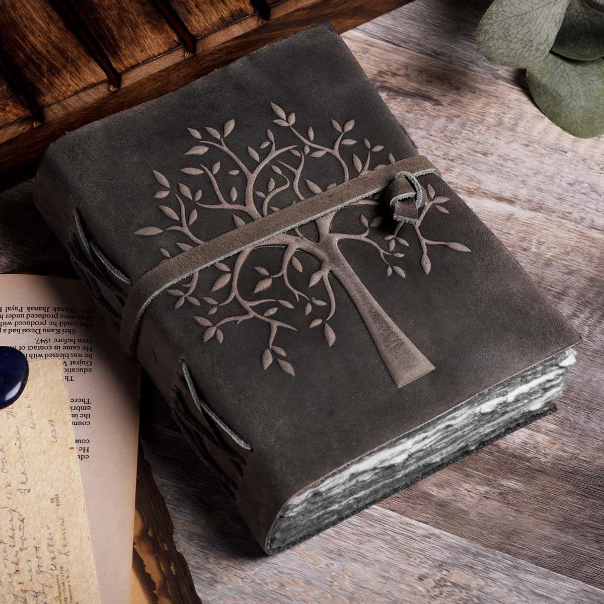LEATHER VILLAGE Tree of Life Journal - 6 X 4 (A6) inches - Rustic Black - 200 Antique Deckle Edge Handmade Paper – Book of Shadows - Vintage Leather Bound Journal for Women & Men - Image 5