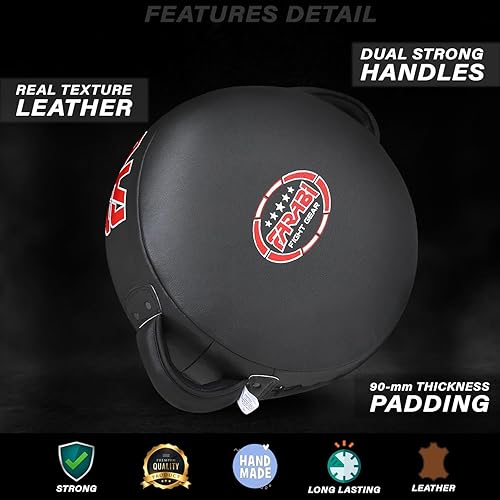 Miniatura 2 de Farabi Sports Almohadilla redonda de boxeo 100% cuero genuino guantes de boxeo Kick Pad negro guantes de boxeo MMA Muay Thai Taekwondo Kickboxing