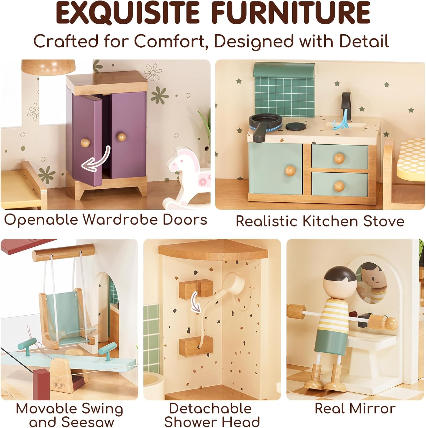 Lehoo Castle Wooden Dollhouse for Girls, Doll House with 5 Rooms DIY Play | Pretend Play Dream Dollhouse with Doll and Furniture 38PCS, Duplex Living Room Design, Creative Gift for Girl Ages 3+